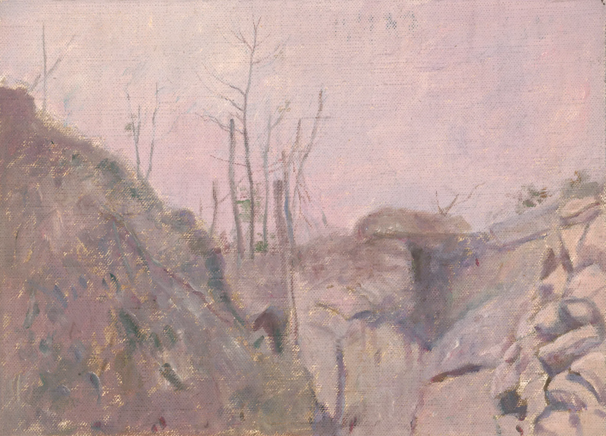 From the Italian Front XI From the Italian Front XI by Dezider Czölder. An atmospheric landscape painting of rocky terrain and bare trees under a hazy, pinkish-lavender sky.