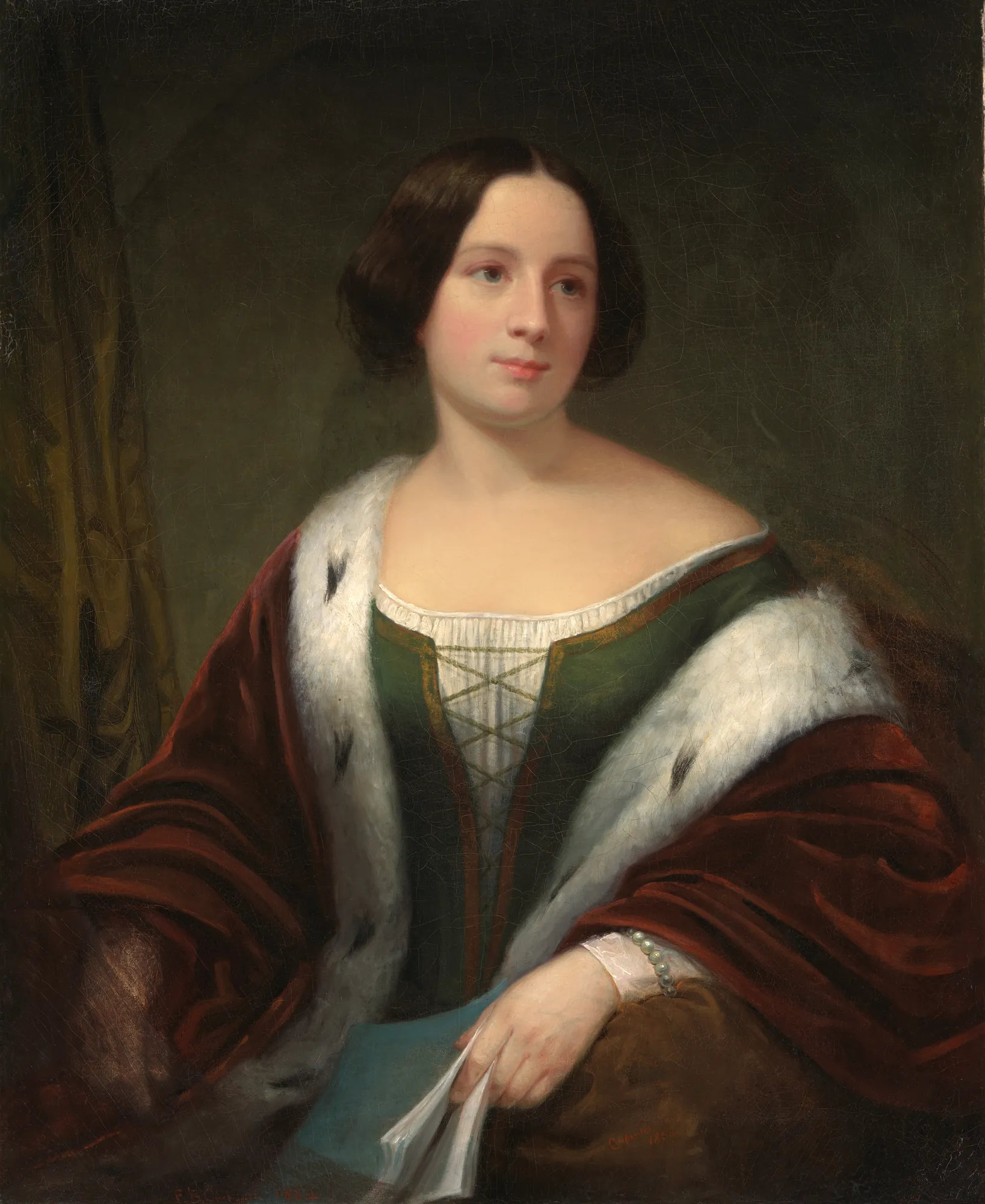 Jenny Lind Jenny Lind by Francis Bicknell Carpenter. A formal half-length portrait of a woman with dark hair wearing a green laced bodice and a heavy, fur-lined red cloak.