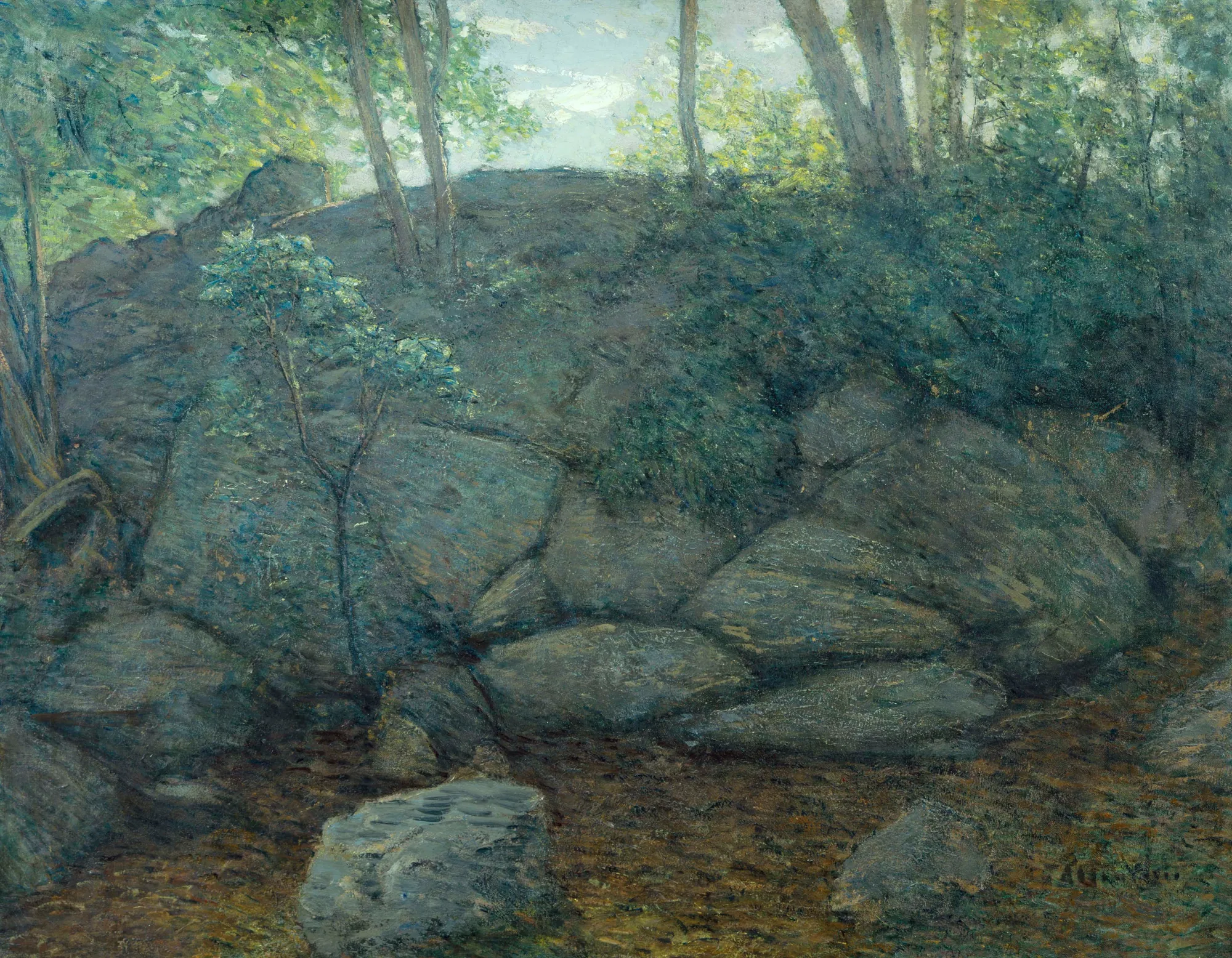 Woodland Rocks Woodland Rocks by J. Alden Weir. A soft, impressionistic study of a large rock face and slender trees in a sun-dappled forest.