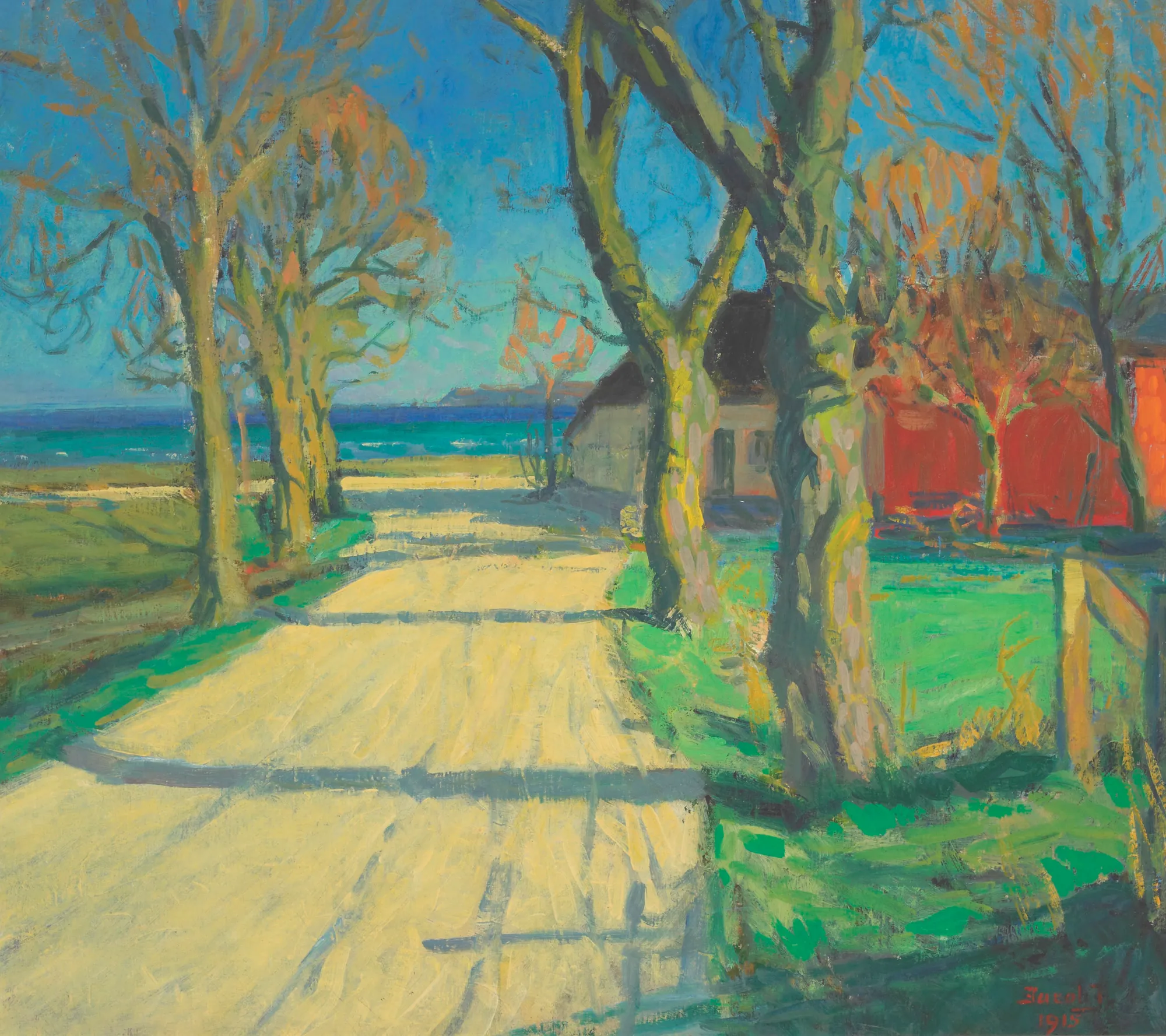 Hyrdevej mod Nordstranden Hyrdevej mod Nordstranden by Jacob Jørgensen. A bright, post-impressionist landscape depicting a sunlit dirt road lined with trees leading toward a distant blue sea and red buildings.
