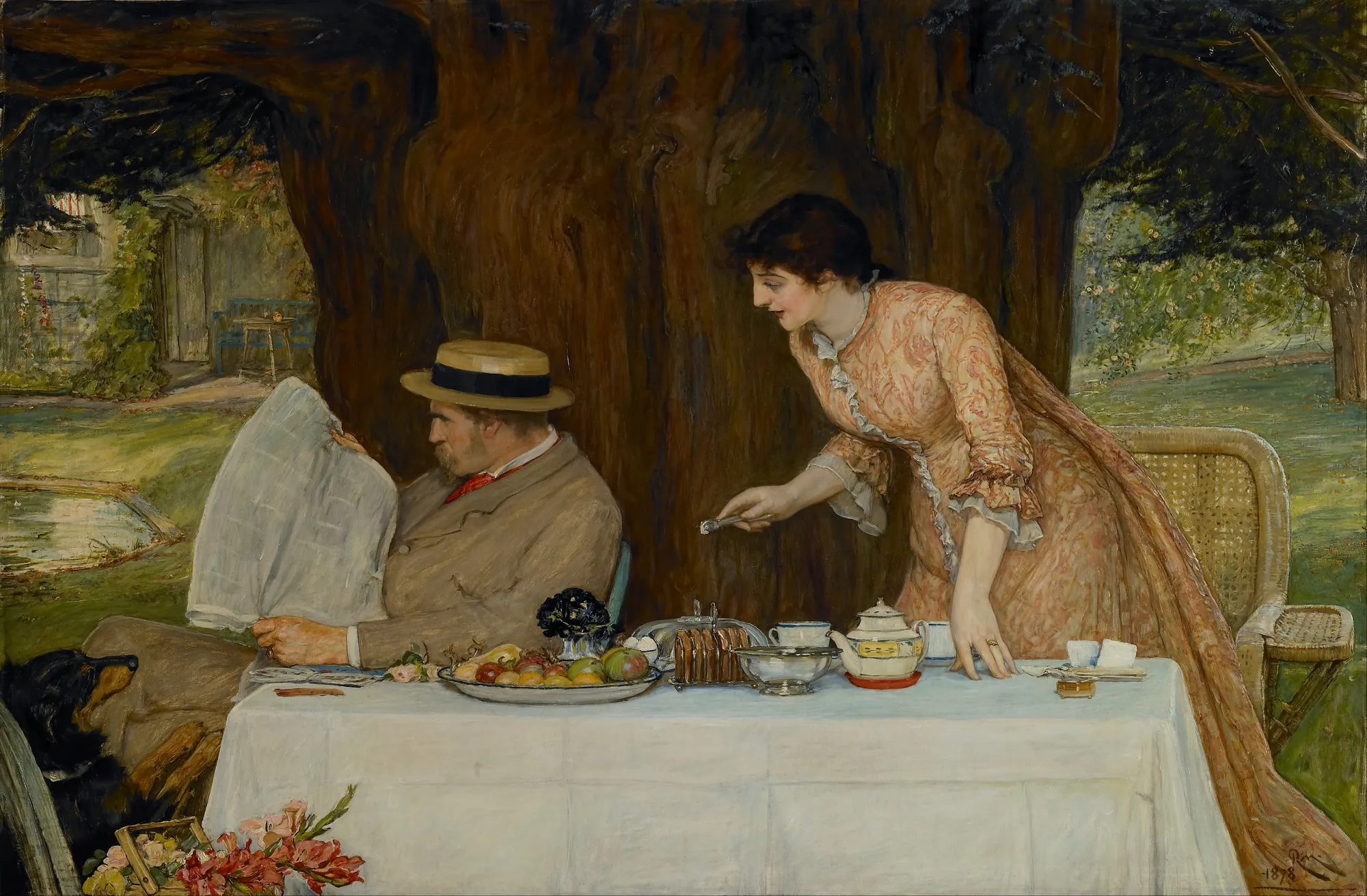 Our First Tiff Our First Tiff by Robert Walker Macbeth. A Victorian man in a boater hat reads a newspaper while a woman in a patterned dress leans toward him at a garden breakfast table set before a massive tree.