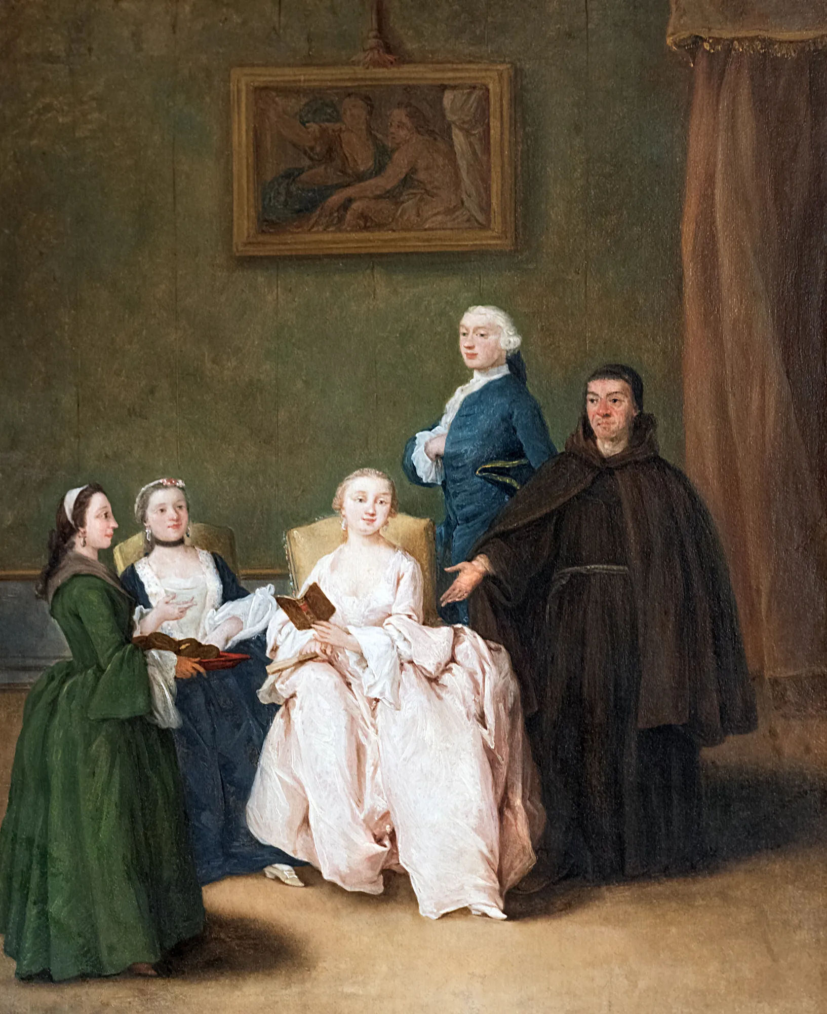 The Friar’s Visit The Friar’s Visit by Pietro Longhi. An 18th-century interior scene depicting a group of figures, including a seated woman in a pale pink gown receiving a visit from a monk.