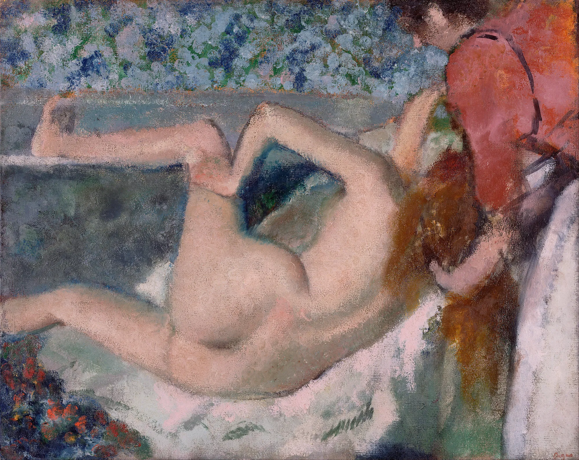 After the Bath After the Bath by Edgar Degas. An Impressionist oil painting depicting a nude woman in a contorted pose drying herself after a bath, assisted by an attendant in a coral-colored dress.