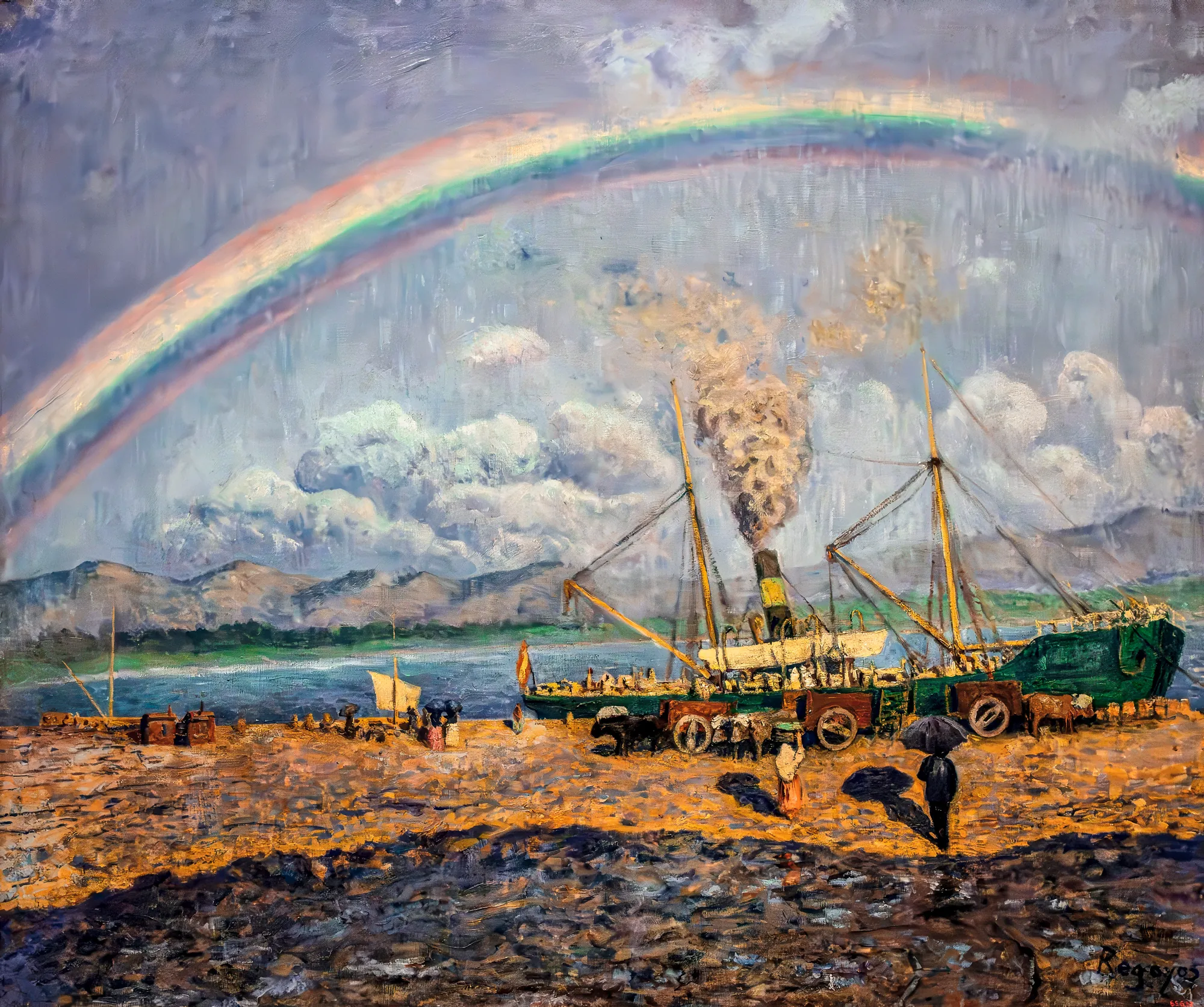 The Downpour, Santoña Bay The Downpour, Santoña Bay by Darío de Regoyos. A steamship is anchored along a shore beneath a heavy, rainy sky illuminated by a vibrant rainbow.