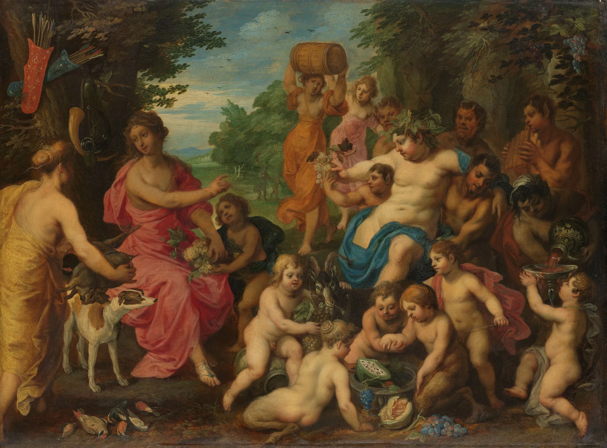 Diana Offered Wine and Fruit by Bacchus Diana Offered Wine and Fruit by Bacchus by Hendrick van Balen the Elder. A mythological assembly features the goddess Diana seated on the left, being approached by a youthful Bacchus and a retinue of satyrs and putti bearing wine and fruit in a lush landscape.
