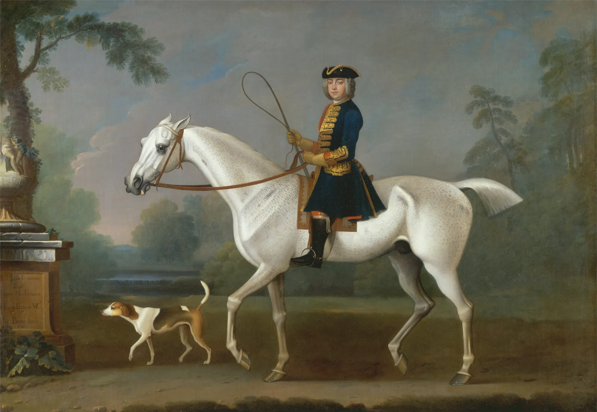 Sir Roger Burgoyne Riding 'Badger' Sir Roger Burgoyne Riding 'Badger' by James Seymour. A nobleman in an ornate blue and gold coat rides a dapple-grey horse through a park-like landscape, accompanied by a hound.