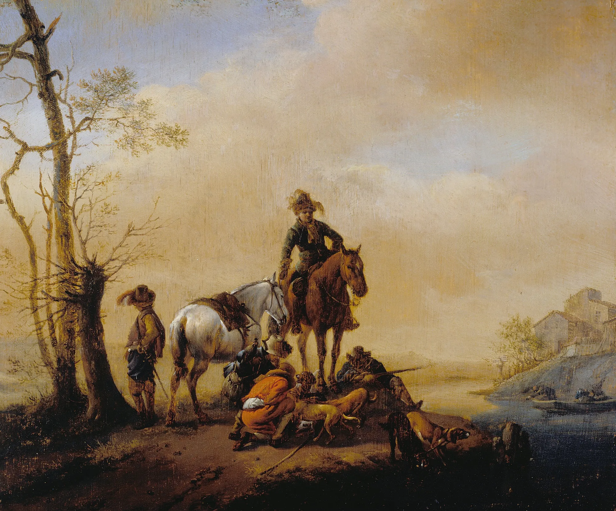 Halt of Sportsmen Halt of Sportsmen by Philips Wouwerman. A group of hunters and their horses rest on a riverbank with their hounds under a soft, expansive sky.