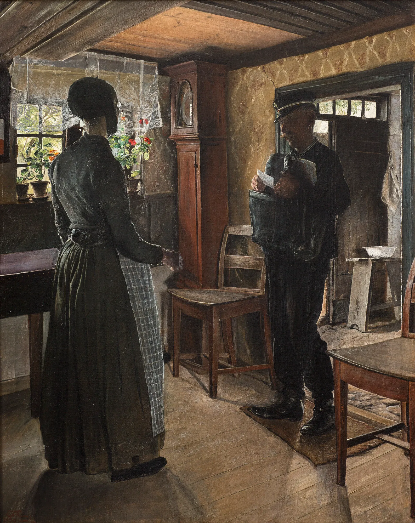 The Postman Brings a Letter The Postman Brings a Letter by Laurits Andersen Ring. In a rustic Danish interior, a postman in uniform hands a letter to a woman standing near a window and a tall grandfather clock.