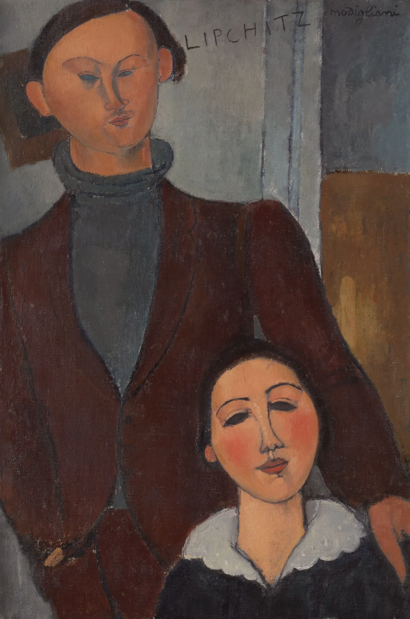 Jacques and Berthe Lipchitz Jacques and Berthe Lipchitz by Amedeo Modigliani. A double portrait featuring a man in a brown jacket standing behind a seated woman with almond-shaped eyes and a white collar.
