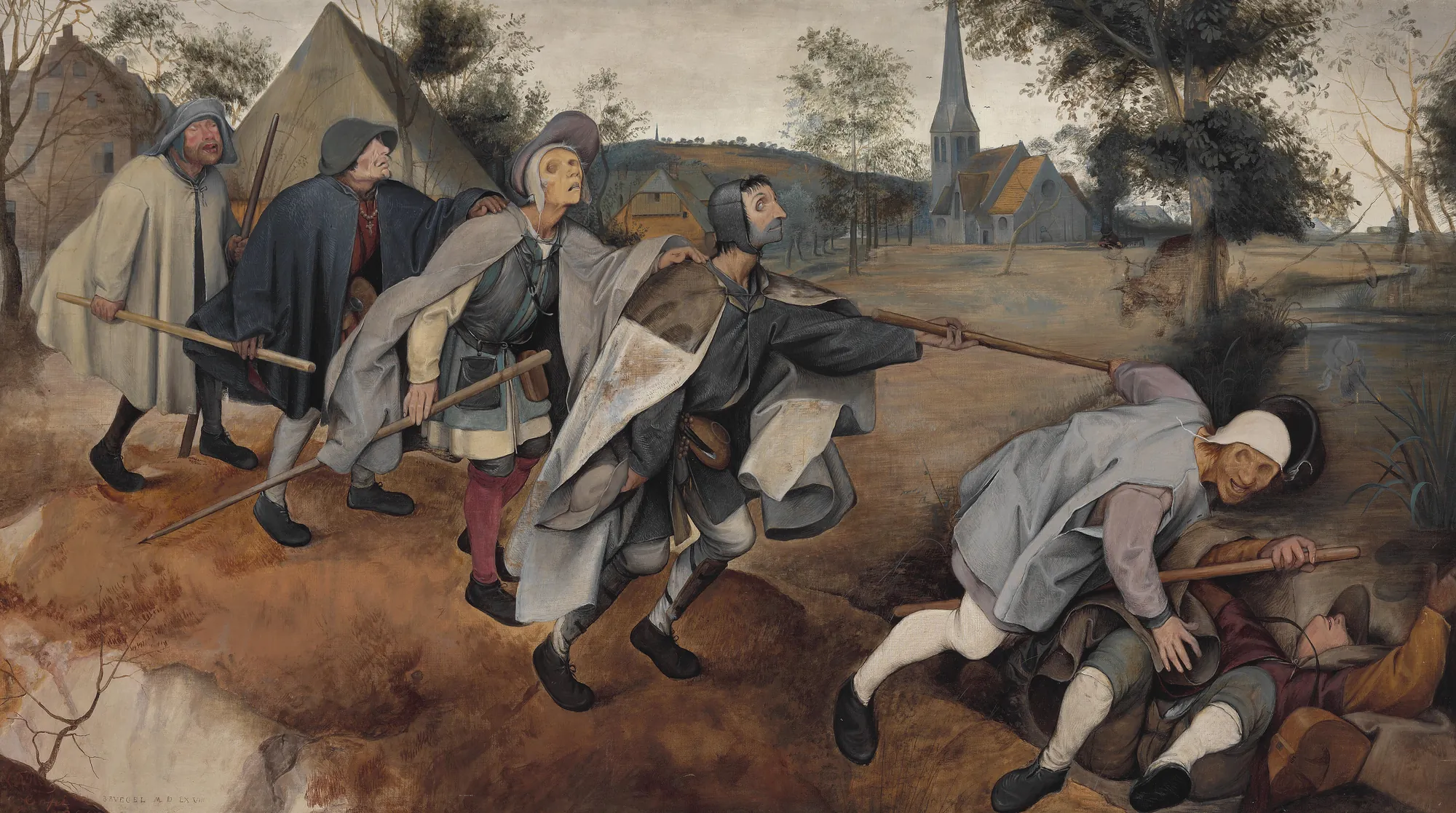 The Blind (De blinde) The Blind (De blinde) by Laurits Andersen Ring. A procession of six blind men in historical attire follow one another with wooden staves, with the leader stumbling into a ditch within a rural village landscape.