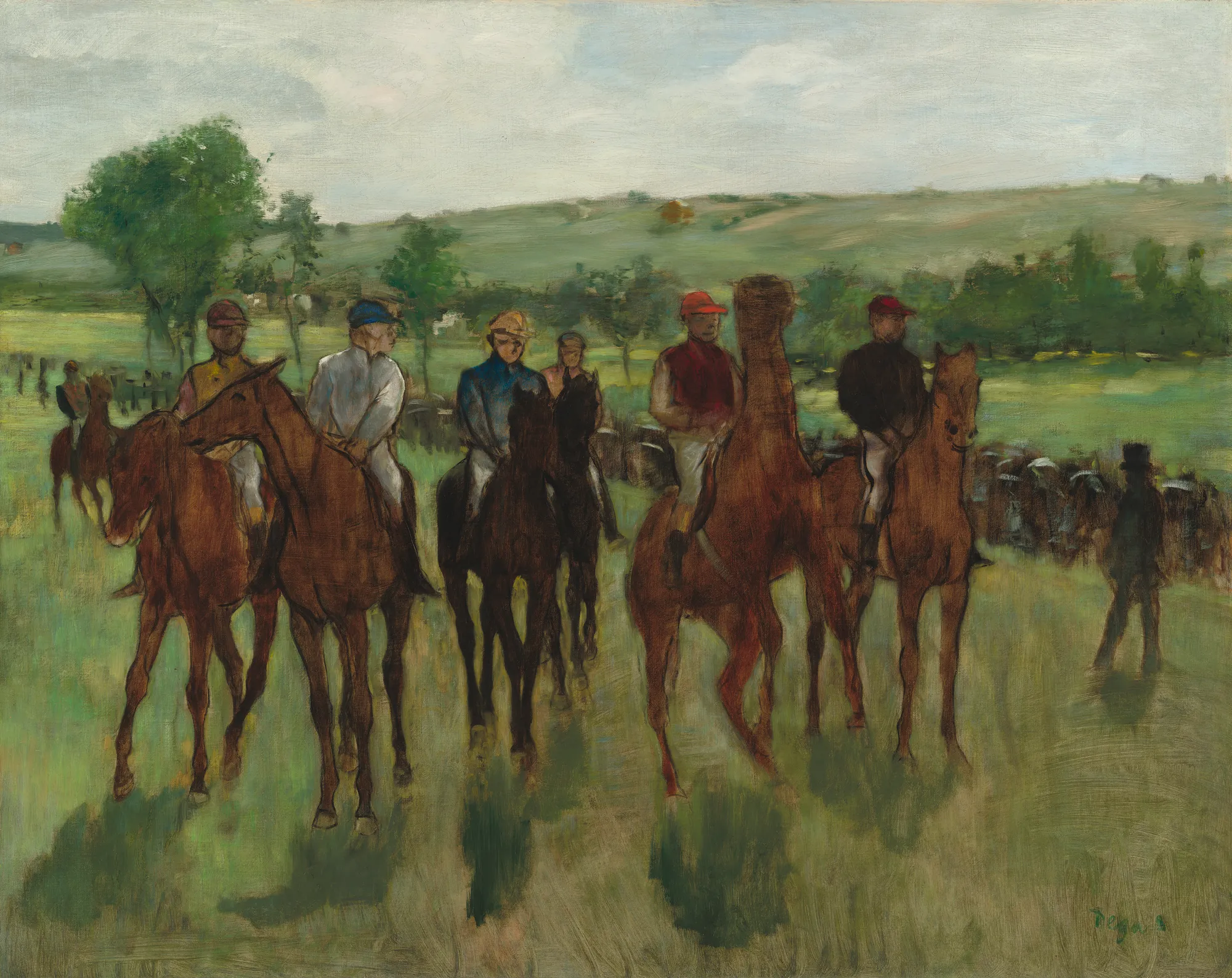 The Riders The Riders by Edgar Degas. A group of jockeys in colorful silks on brown horses gather in a grassy field with rolling hills in the background.