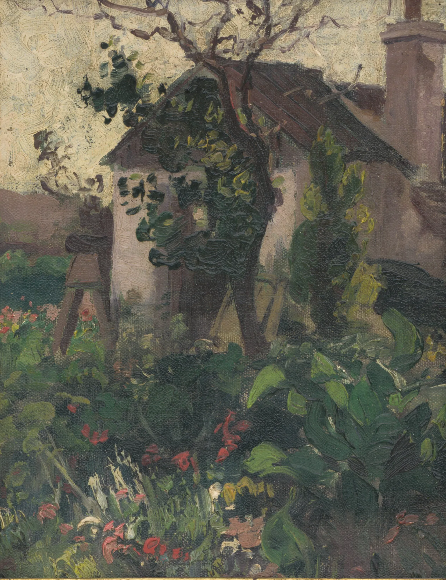 House in a Garden House in a Garden by Móric Stankovič. An impressionistic oil painting of a small white cottage nestled behind a flourishing garden of green foliage and red flowers.