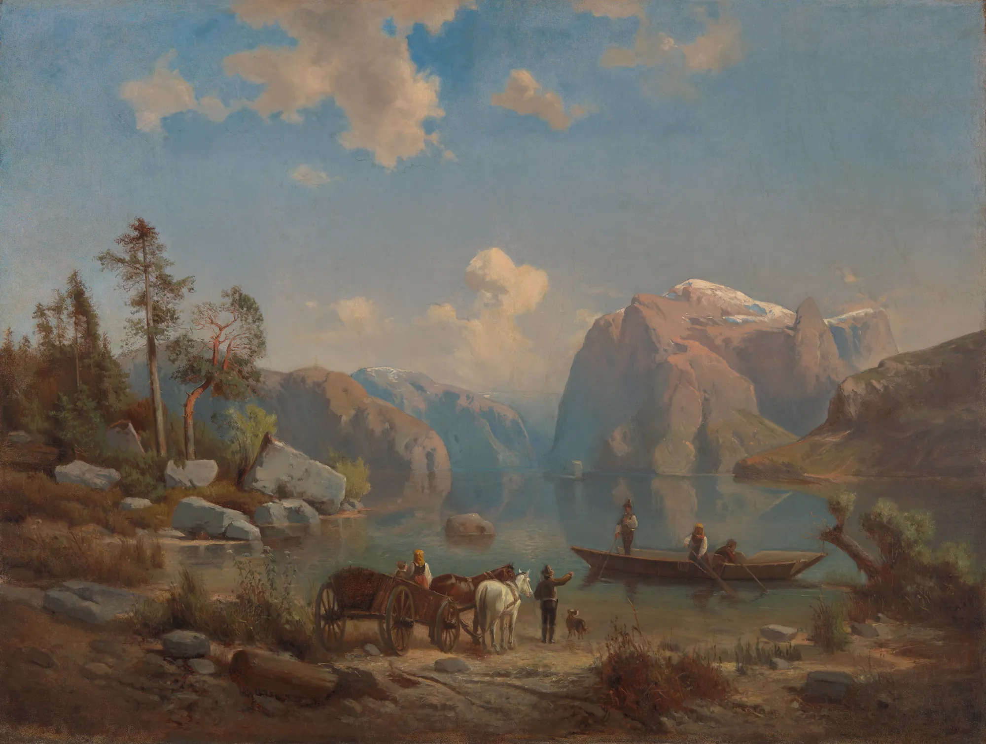 Mountain Landscape with a Lake Mountain Landscape with a Lake by Aleksander Kotsis. A 19th-century oil painting depicting travelers with a horse-drawn cart and a boat at the edge of a serene mountain lake beneath high, sunlit peaks.