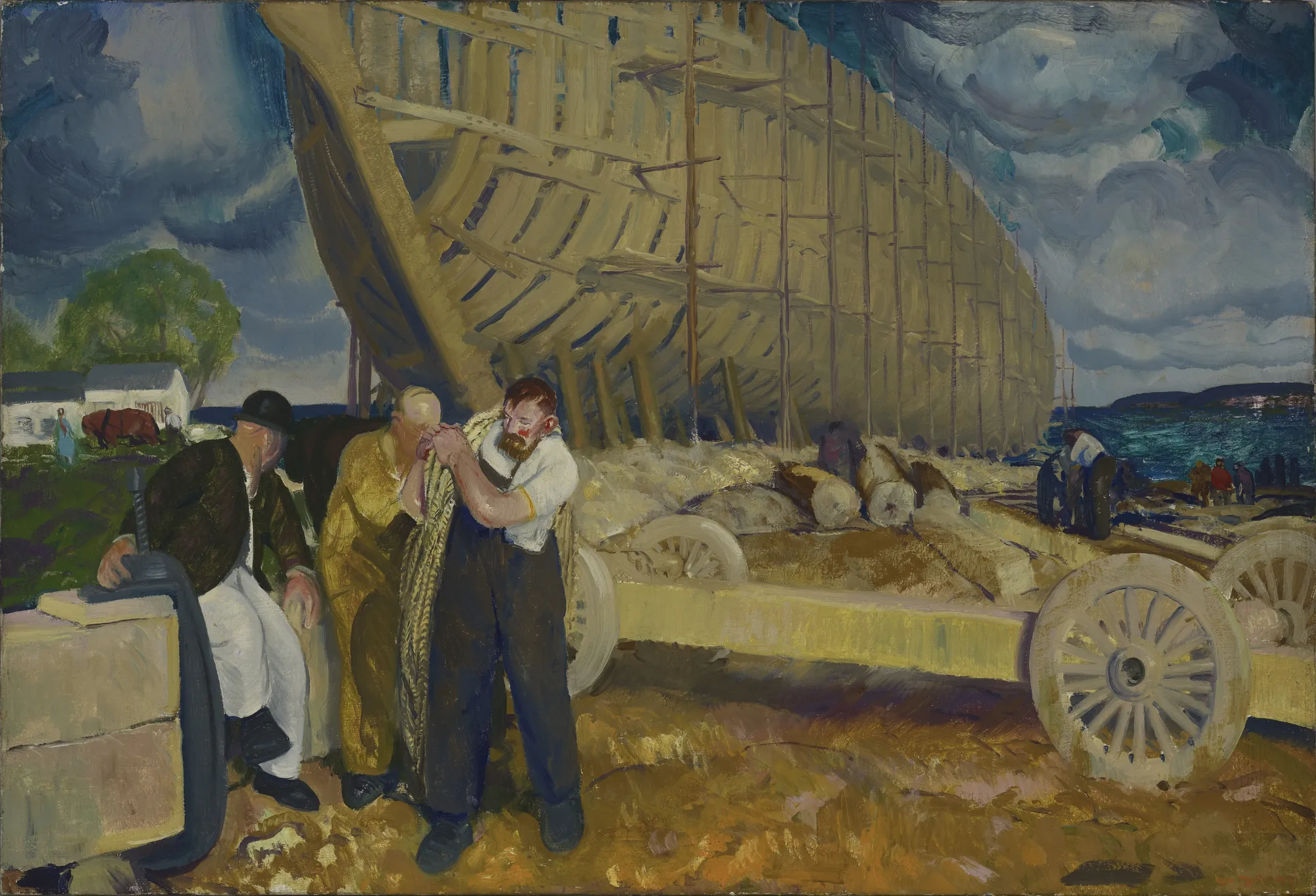 Builders of Ships Builders of Ships by George Bellows. A group of laborers work on the shore in front of a massive wooden ship hull under construction against a dark, swirling sky.