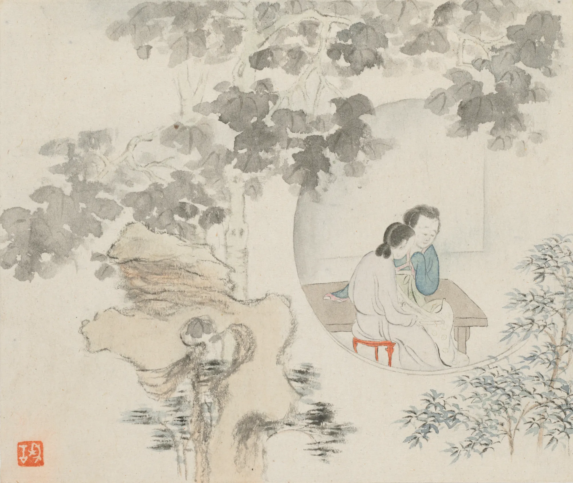 Two Women with Needlework in a Garden