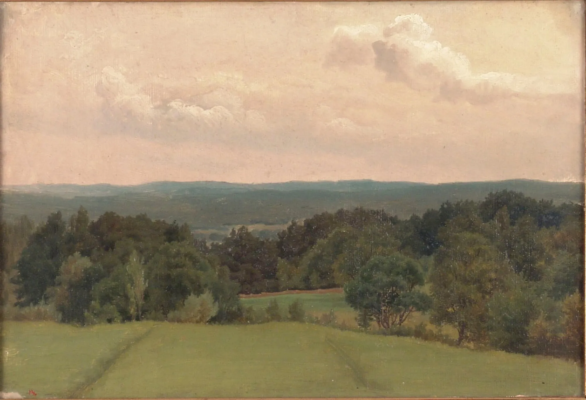 Wide Landscape Study Wide Landscape Study by Werner Holmberg. A tranquil landscape painting featuring a vibrant green field in the foreground leading to a dense row of trees under a cloudy sky.