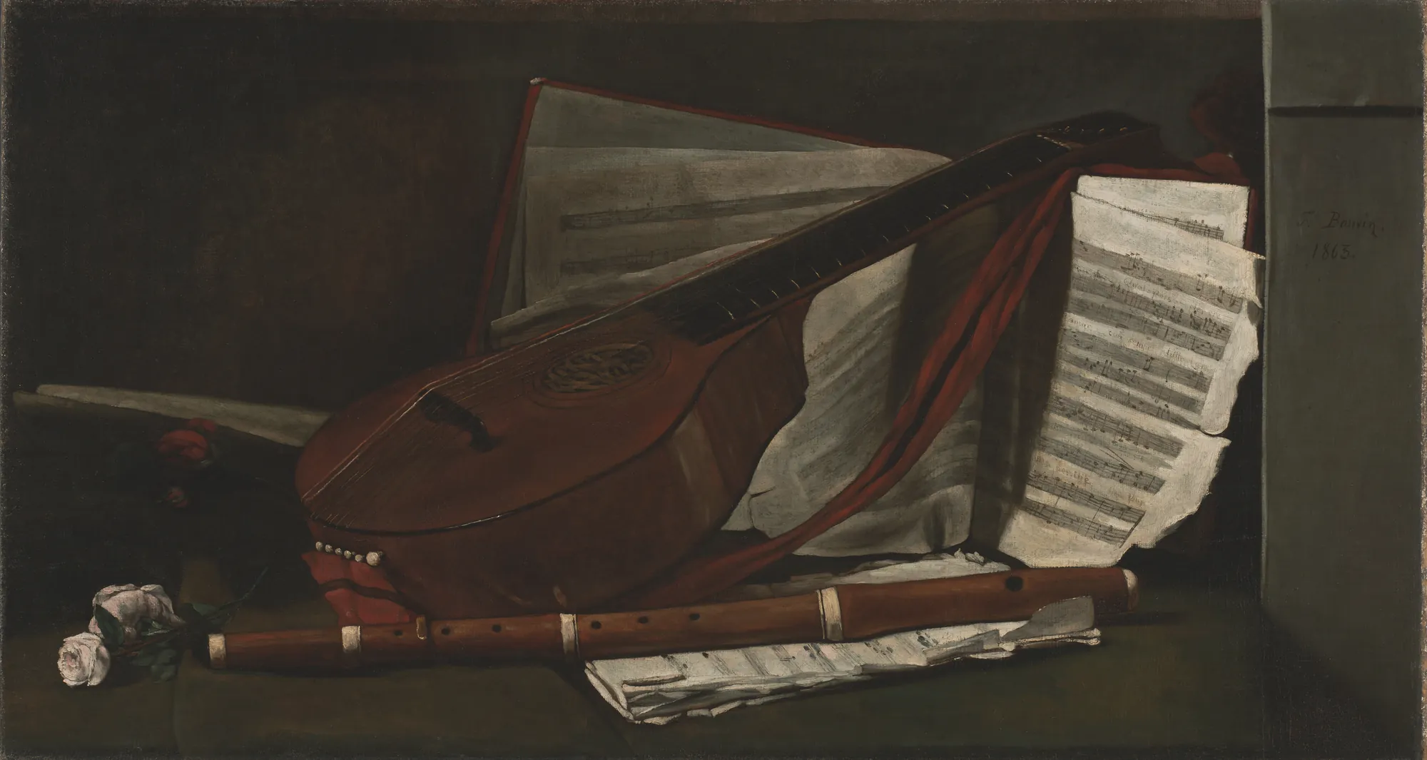 Attributes of Music Attributes of Music by François Bonvin. A still life painting of a stringed instrument, a wooden flute, and scattered sheet music against a dark background.