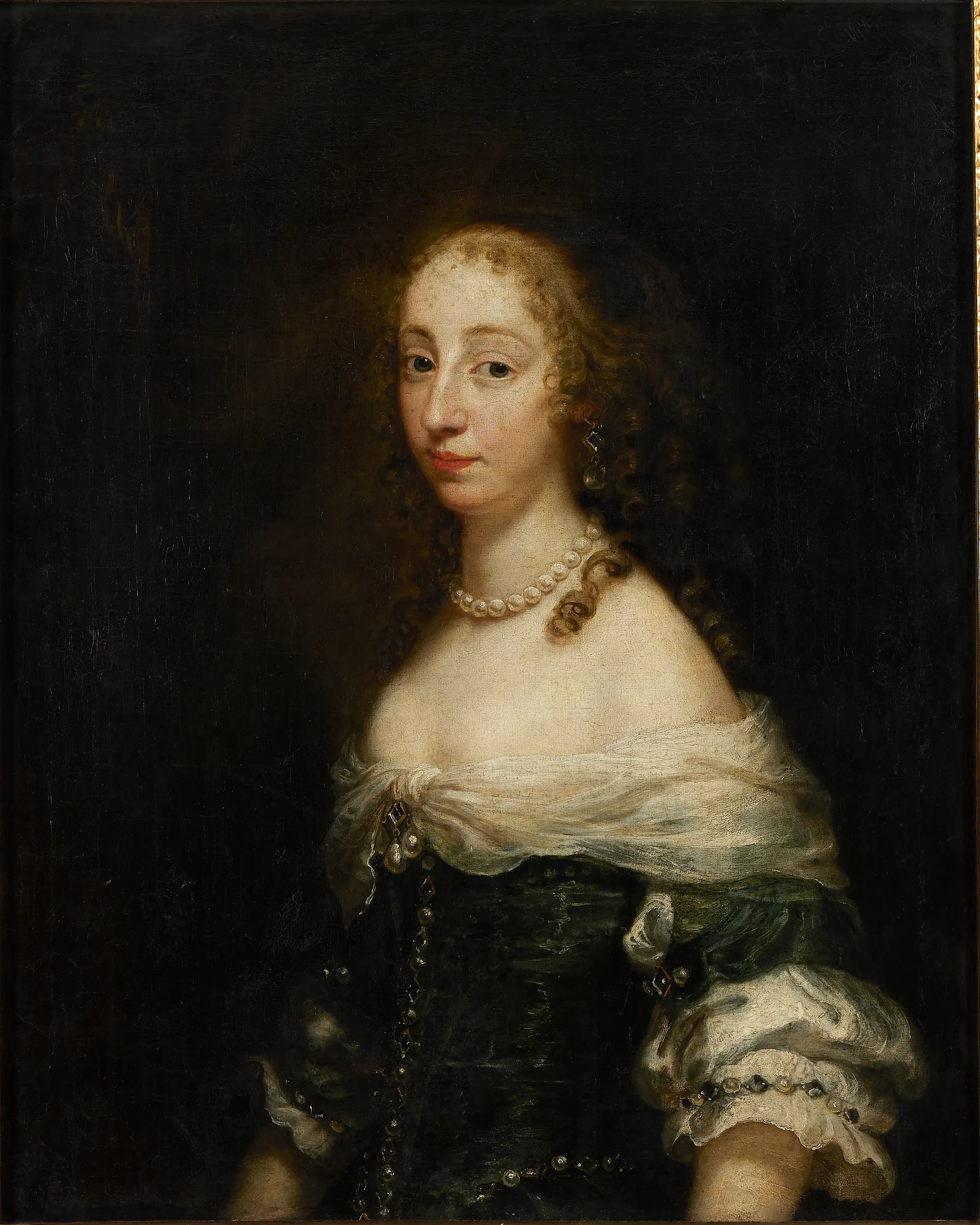 Portrait of a Lady Portrait of a Lady by Justus van Egmont. A three-quarter portrait of a woman in a dark dress with white puffed sleeves and multiple strands of pearls, set against a dark background.