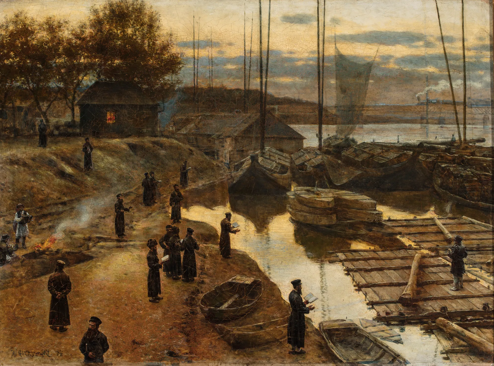 Feast of Trumpets Feast of Trumpets by Aleksander Gierymski. A group of men in long dark coats gather on a riverbank at dusk, some holding books, with wooden boats and a distant skyline visible.