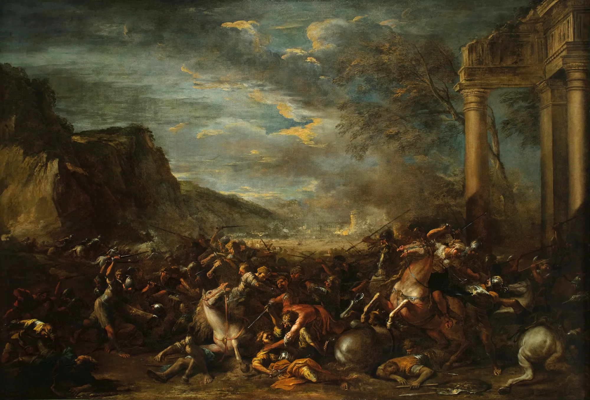 A Cavalry Battle A Cavalry Battle by Salvator Rosa. A chaotic scene of soldiers on horseback engaged in a fierce battle amidst classical ruins under a turbulent sky.