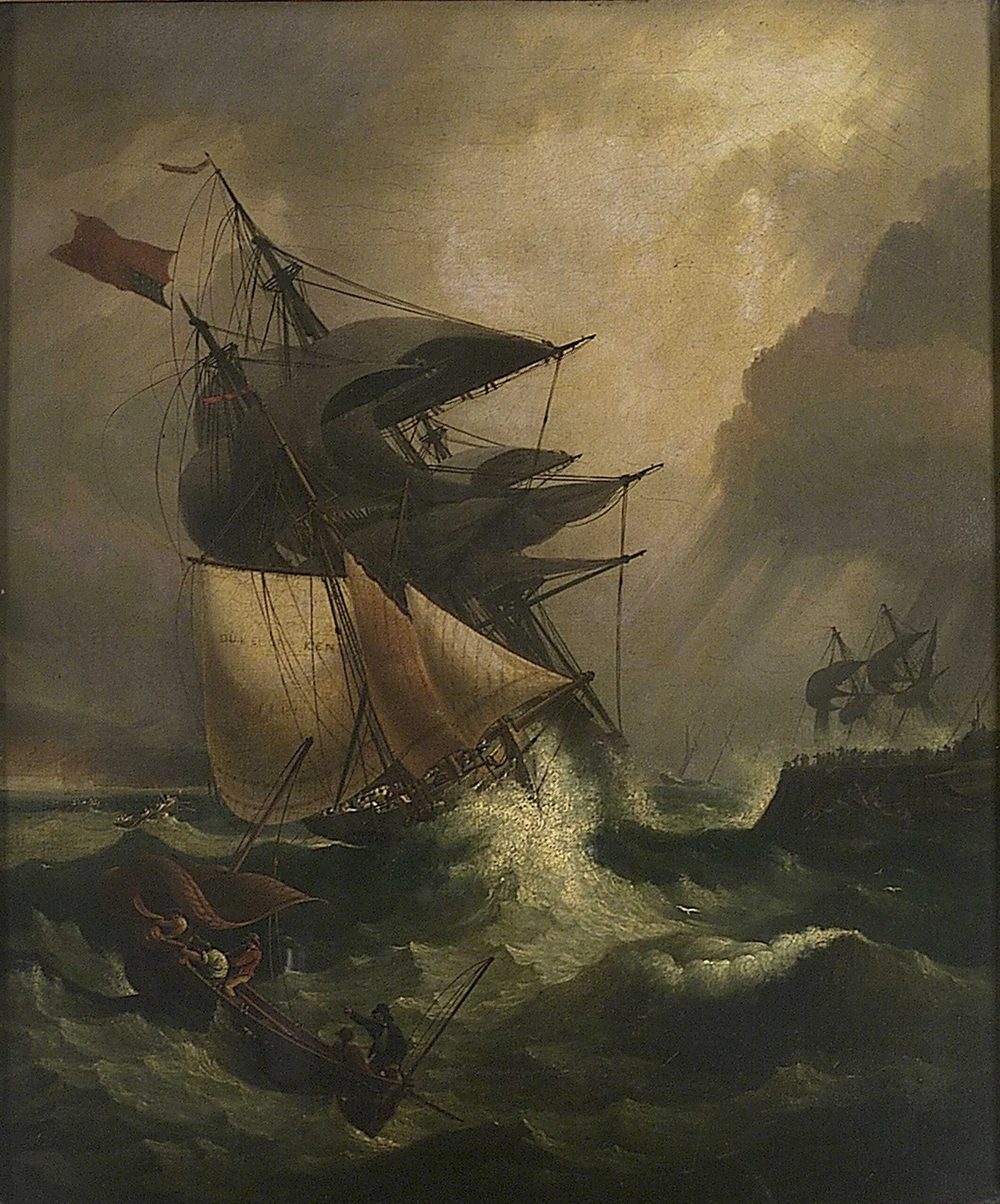 An American Ship in Distress An American Ship in Distress by John Whichelo. A large sailing ship pitches dangerously in turbulent, foam-crested waves under a dark, stormy sky with a coastline visible in the distance.