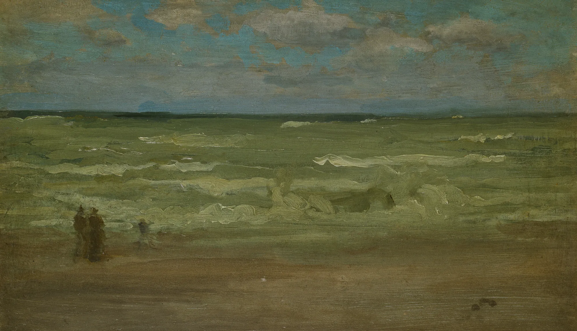 The Shore, Pourville The Shore, Pourville by James McNeill Whistler. A tonalist oil painting depicting a shoreline at Pourville with small figures on the beach under a cloudy blue sky.