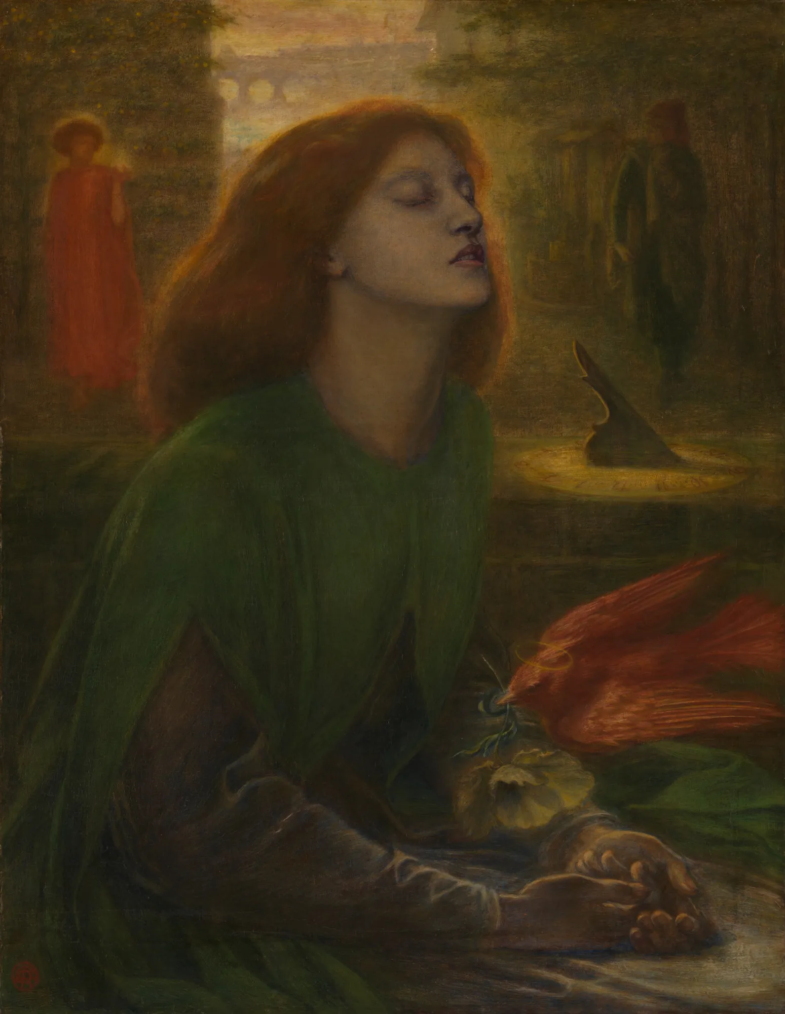 Beata Beatrix Beata Beatrix by Dante Gabriel Rossetti. A red-haired woman in a green and purple robe sits with her eyes closed in a spiritual trance, while a red bird drops a poppy into her hands.