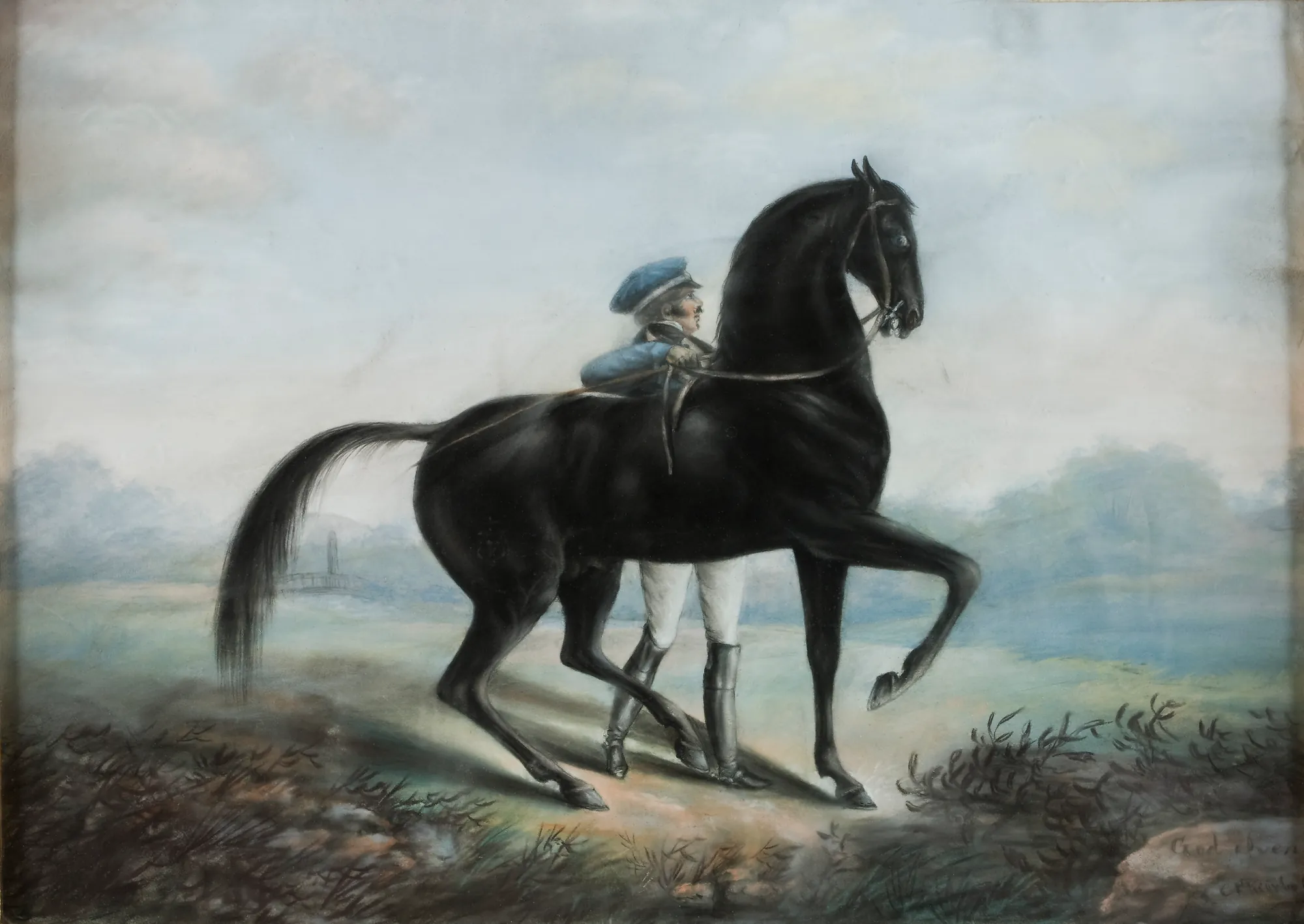 Horse Portrait: Godsven Horse Portrait: Godsven by Carl Fredrik Kiörboe. A profile portrait of a striking black horse and its attendant standing in a misty, open landscape.