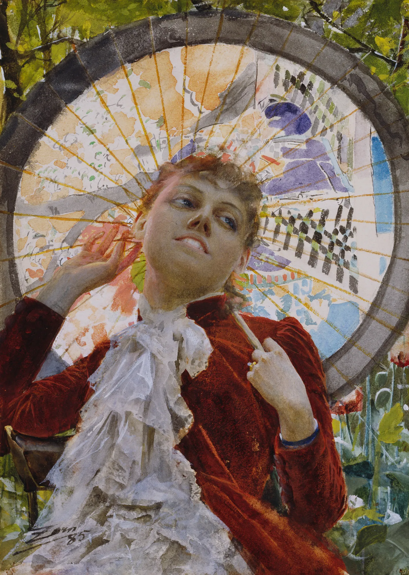 Castles in the Air Castles in the Air by Anders Zorn. A young woman in a bright red jacket and elaborate white lace sits beneath a large, sun-drenched patterned parasol in a lush garden.