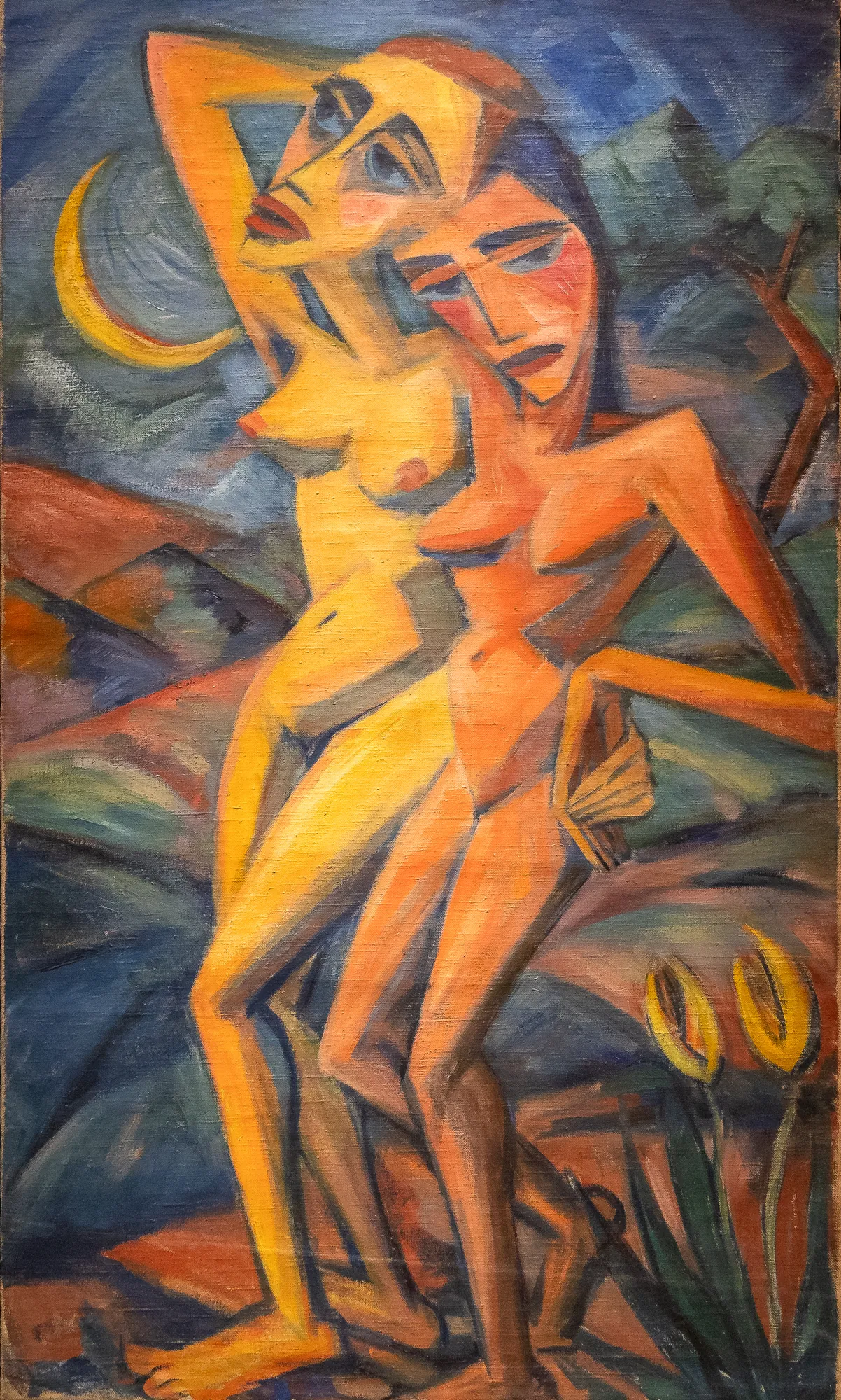Two Female Nudes with Crescent Moon Two Female Nudes with Crescent Moon by Dorothea Maetzel-Johannsen. An expressionist oil painting depicting two stylized, angular female figures standing in a landscape beneath a yellow crescent moon.