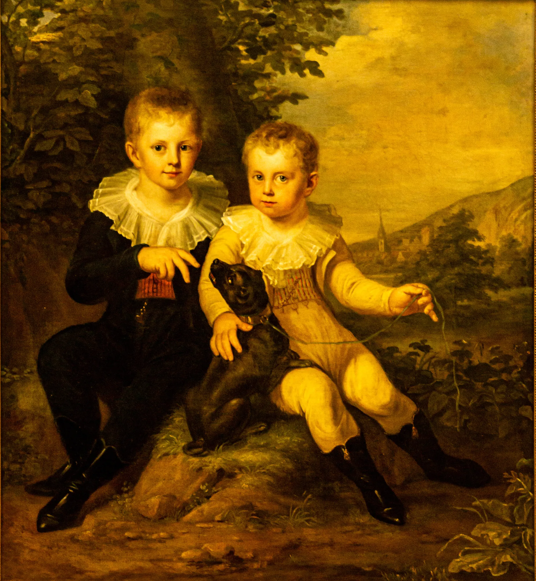Matthias and Ferdinand von Galen Matthias and Ferdinand von Galen by Johann Christoph Rincklake. Two young boys in formal nineteenth-century attire sit outdoors with a small black dog in a sunlit landscape.
