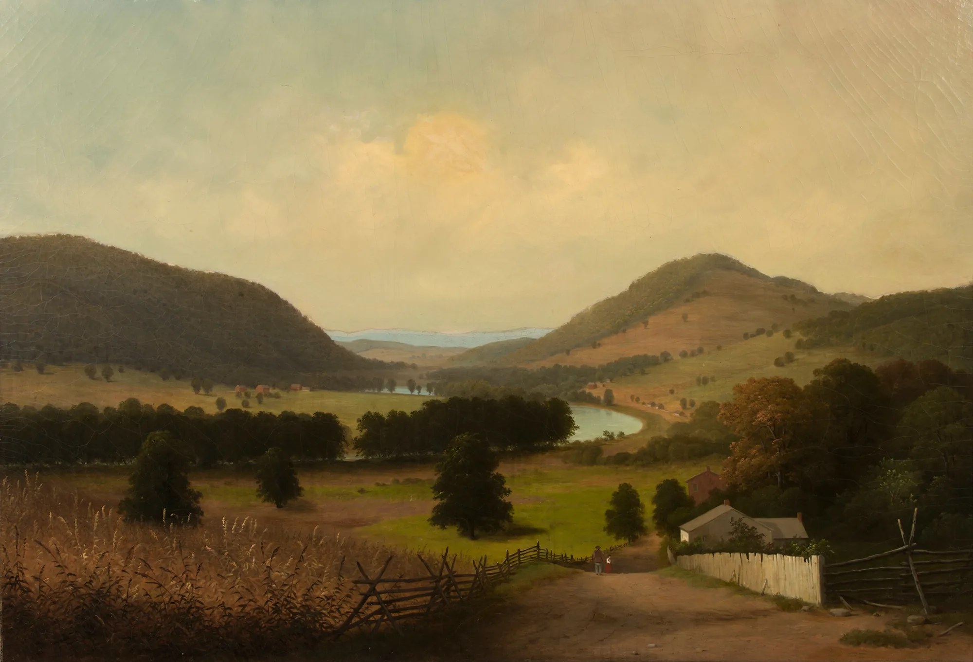 Allentown Road Allentown Road by Gustav Grunewald. A vast pastoral landscape featuring a dirt road that leads into a lush valley with rolling hills, a winding river, and distant farm buildings under a soft, hazy sky.