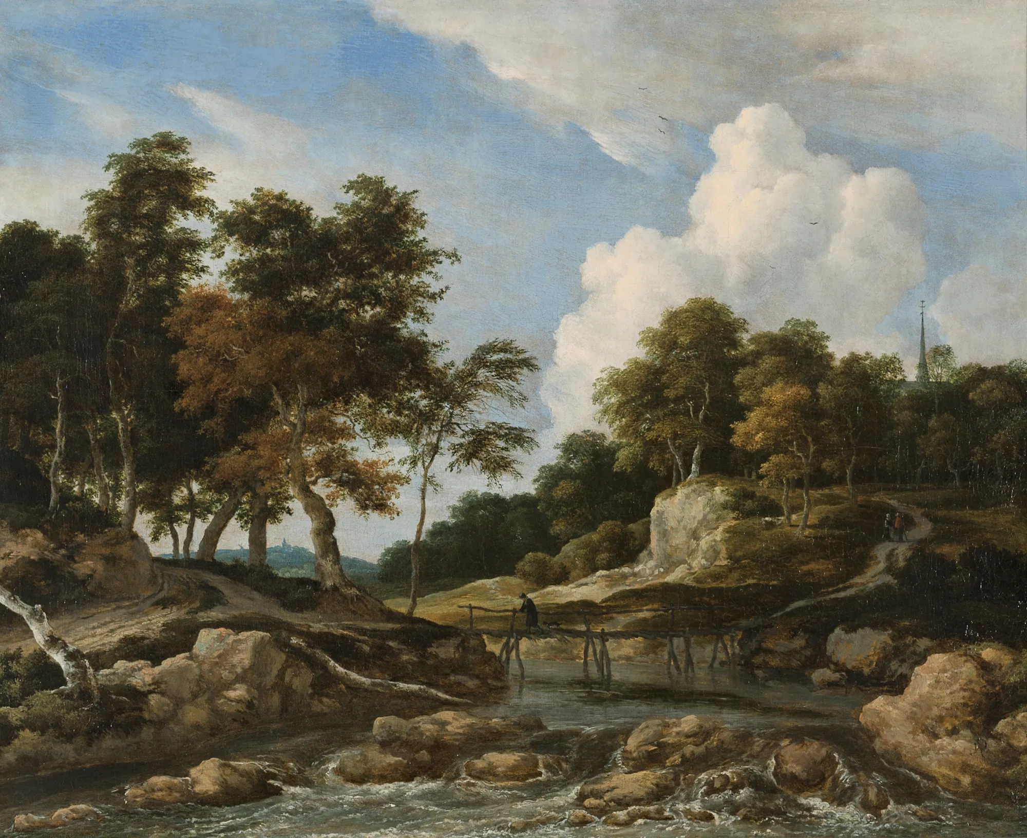 Wooded River Landscape with Bridge Wooded River Landscape with Bridge by Jacob van Ruisdael. A 17th-century Dutch landscape featuring a rushing river with a wooden footbridge, set amidst a dense forest under a dramatic sky with large white clouds.