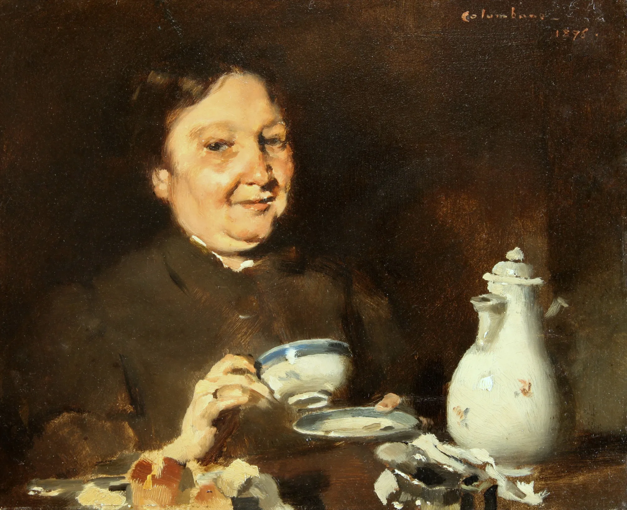 Five o'Clock Tea Five o'Clock Tea by Columbano Bordalo Pinheiro. A woman in a dark garment holds a tea cup and saucer, with a white ceramic pot beside her in a dimly lit setting.