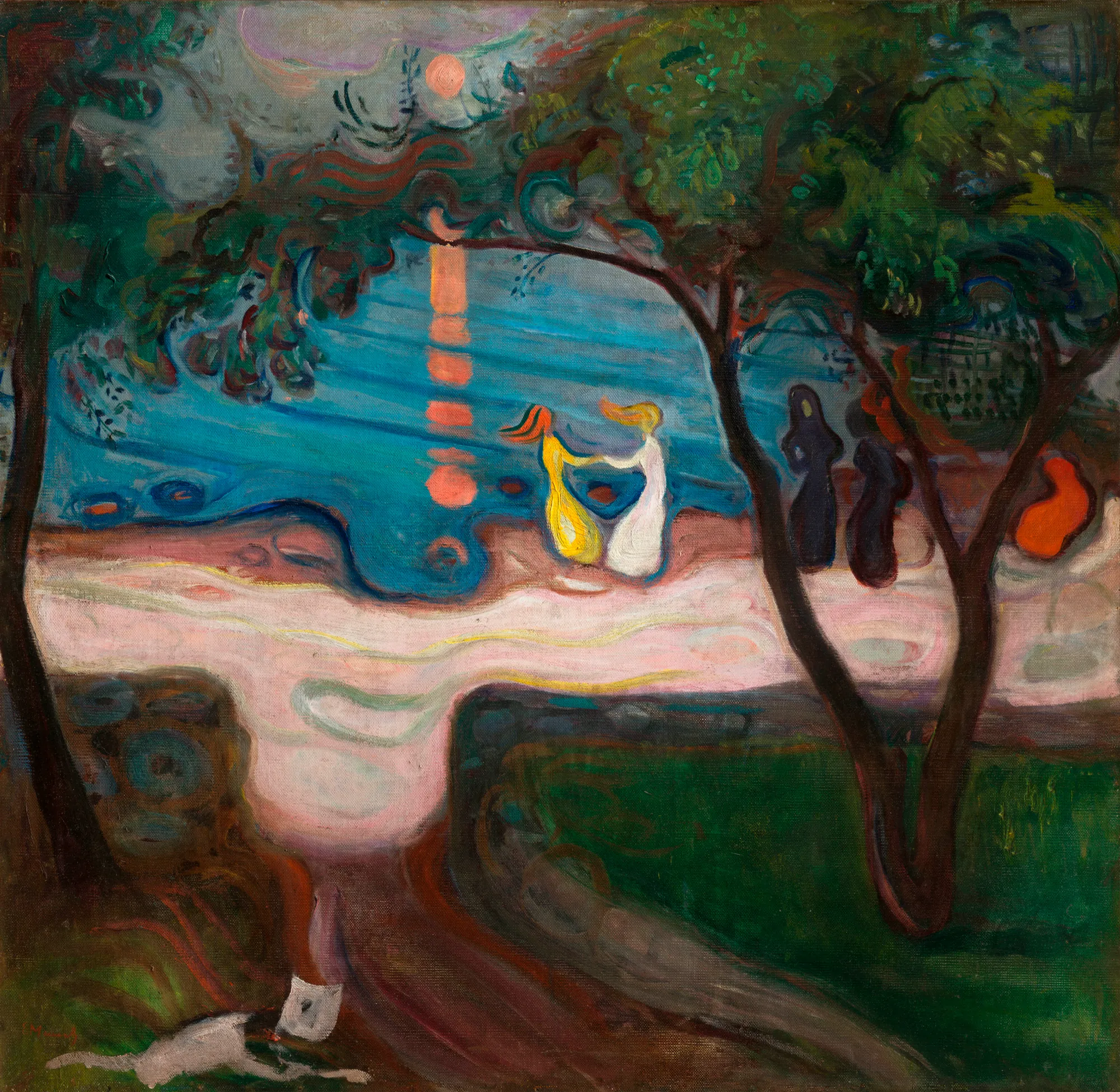 Dance on the Shore Dance on the Shore by Edvard Munch. A group of figures dances and lingers on a shoreline under a moonlit sky, framed by dark, sinuous trees.