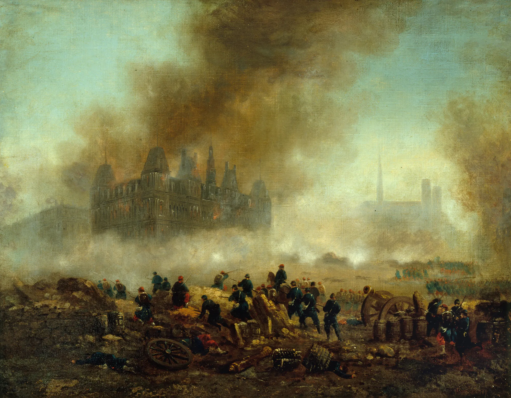L'Hôtel de Ville incendié, assailli par les troupes de Versailles