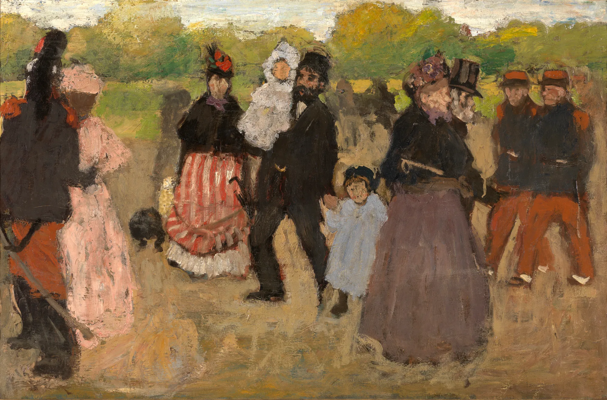 Sunday at the Bois de Boulogne Sunday at the Bois de Boulogne by Henri Evenepoel. A group of elegantly dressed figures, including soldiers and families with children, stroll through a sun-dappled park in late 19th-century Paris.