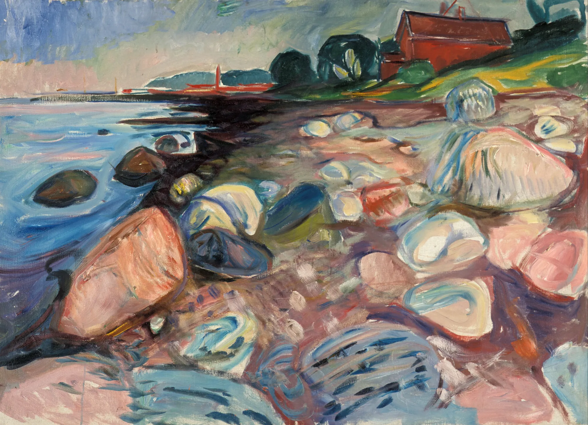 Shore with Red House Shore with Red House by Edvard Munch. An expressive shoreline scene featuring smooth beach boulders in the foreground leading to a bright red house set against dark green trees.