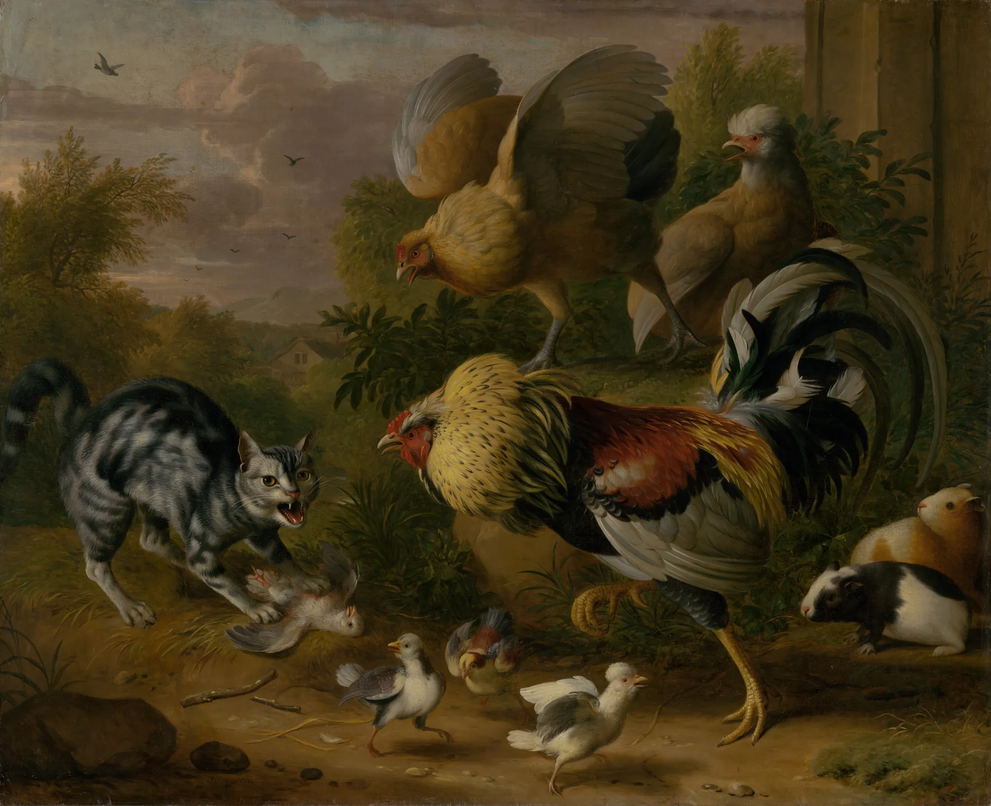 Cat Among Roosters Cat Among Roosters by Jakob Bogdani. A tense outdoor encounter between a striped cat and several roosters, accompanied by chicks and guinea pigs in a soft landscape.