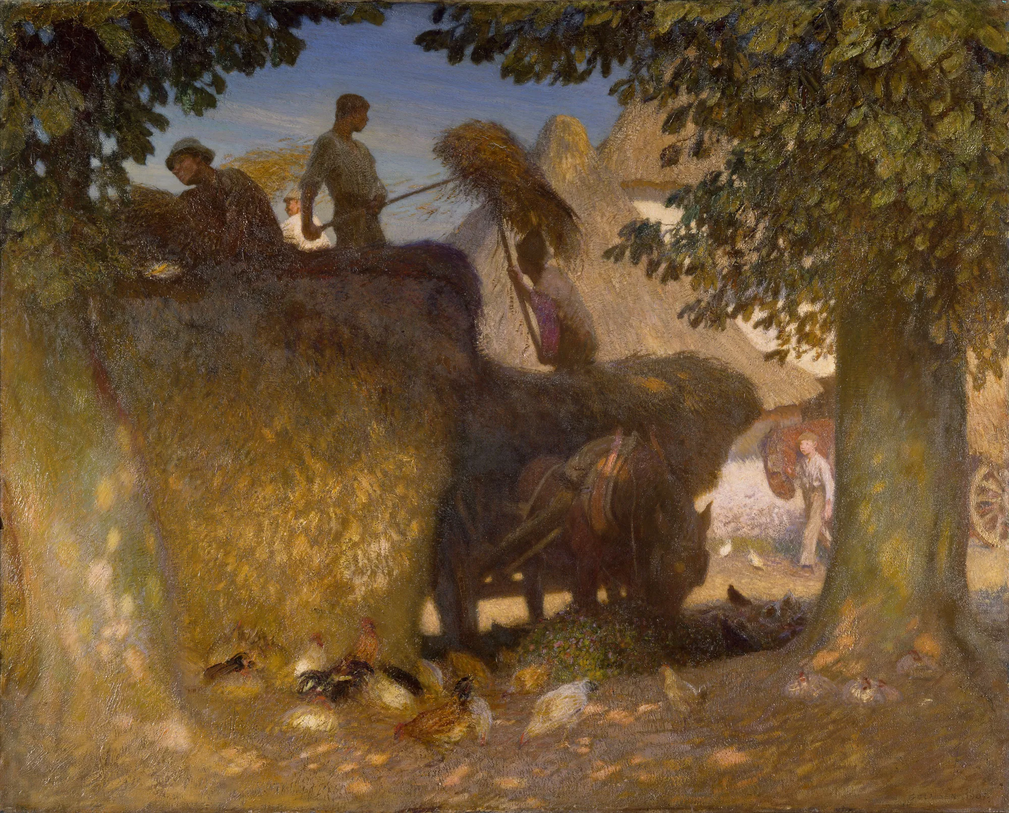 Building the Rick Building the Rick by George Clausen. Laborers and horses are depicted building a large hay rick in a sun-dappled farmyard under the shade of large trees.