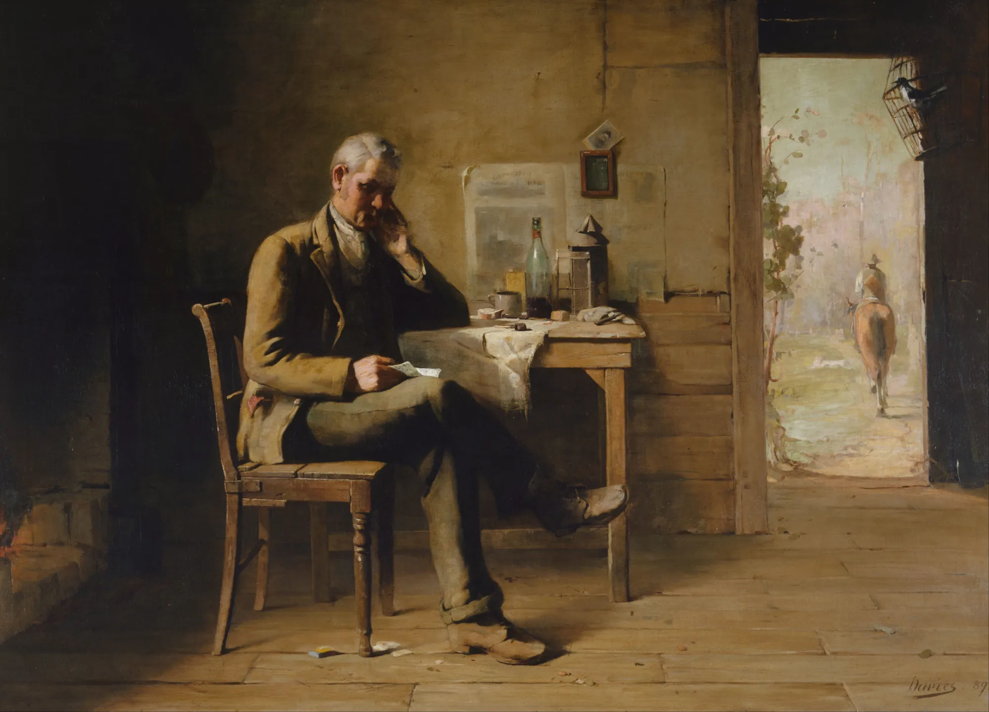 From a Distant Land From a Distant Land by David Davies. A man in a rustic room sits at a table reading a letter while a sunny landscape with a rider is visible through an open door.