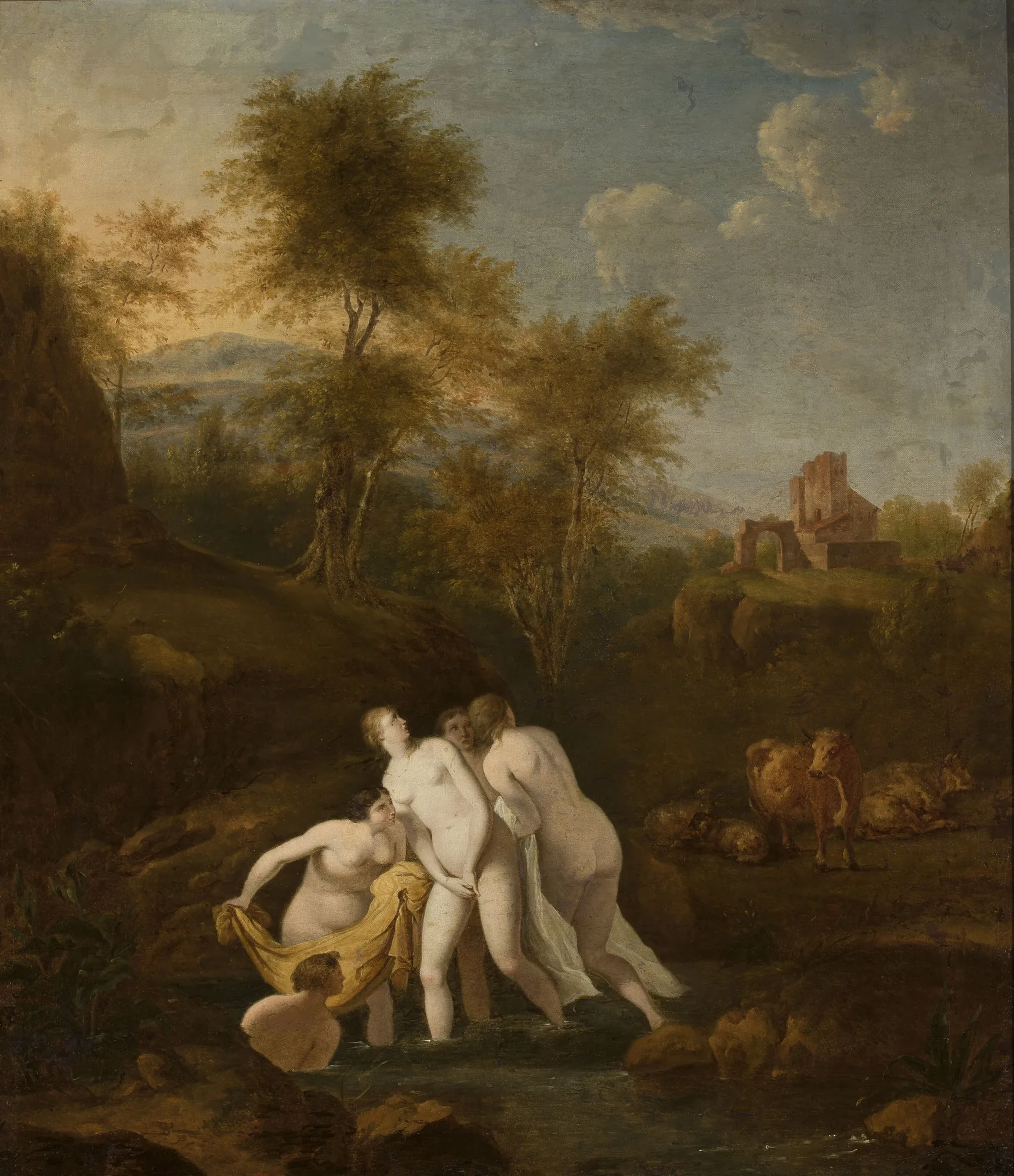 Bath of Nymphs Bath of Nymphs by Christian Wilhelm Ernst Dietrich. A group of nude nymphs bathe in a shallow forest stream near classical ruins and resting cattle.