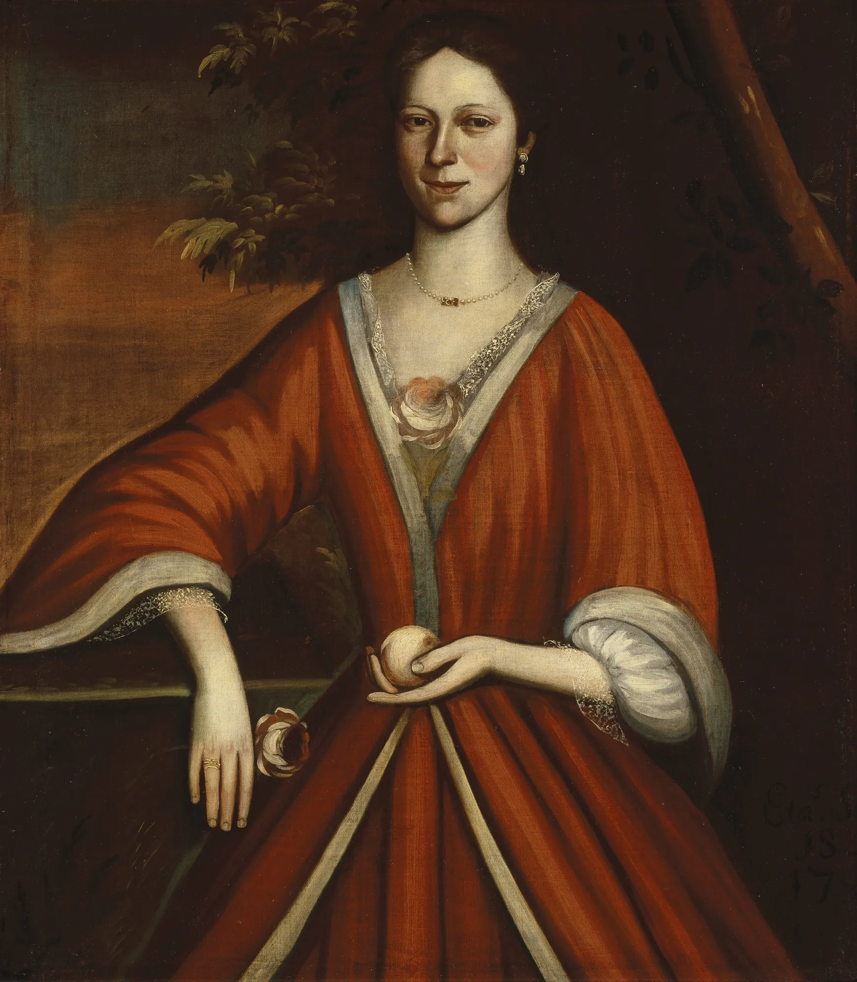 Wyntje (Lavinia) Van Vechten Wyntje (Lavinia) Van Vechten by Nehemiah Partridge. A three-quarter length portrait of a woman in a vibrant red gown holding a fruit against a dark landscape background.