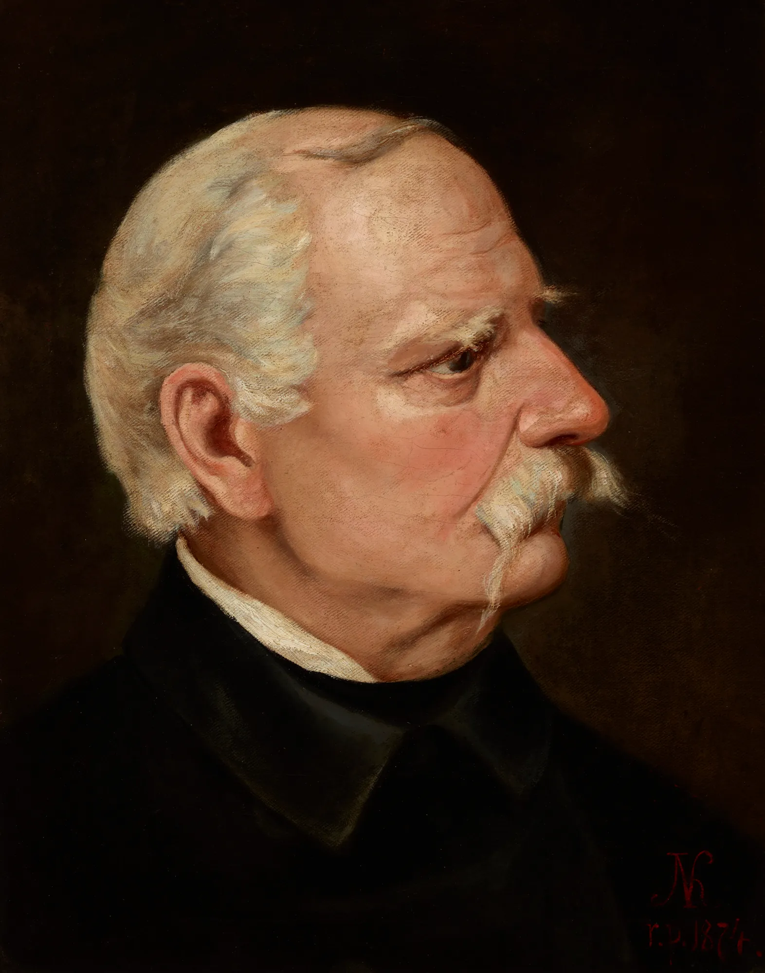 Portrait of Wincenty Pol Portrait of Wincenty Pol by Juliusz Kossak. A profile portrait of an elderly man with white hair and a long white mustache against a dark, monochromatic background.