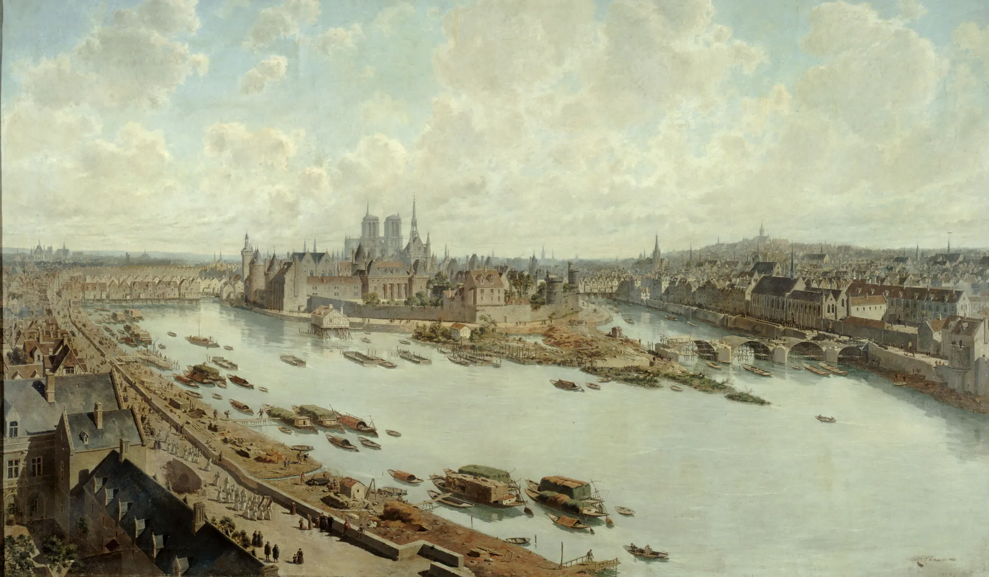 Panoramic View of Paris in 1588 Panoramic View of Paris in 1588 by Theodor Josef Hubert Hoffbauer. A detailed bird's-eye view of 16th-century Paris featuring the Seine River, Notre-Dame Cathedral, and the construction of the Pont-Neuf.
