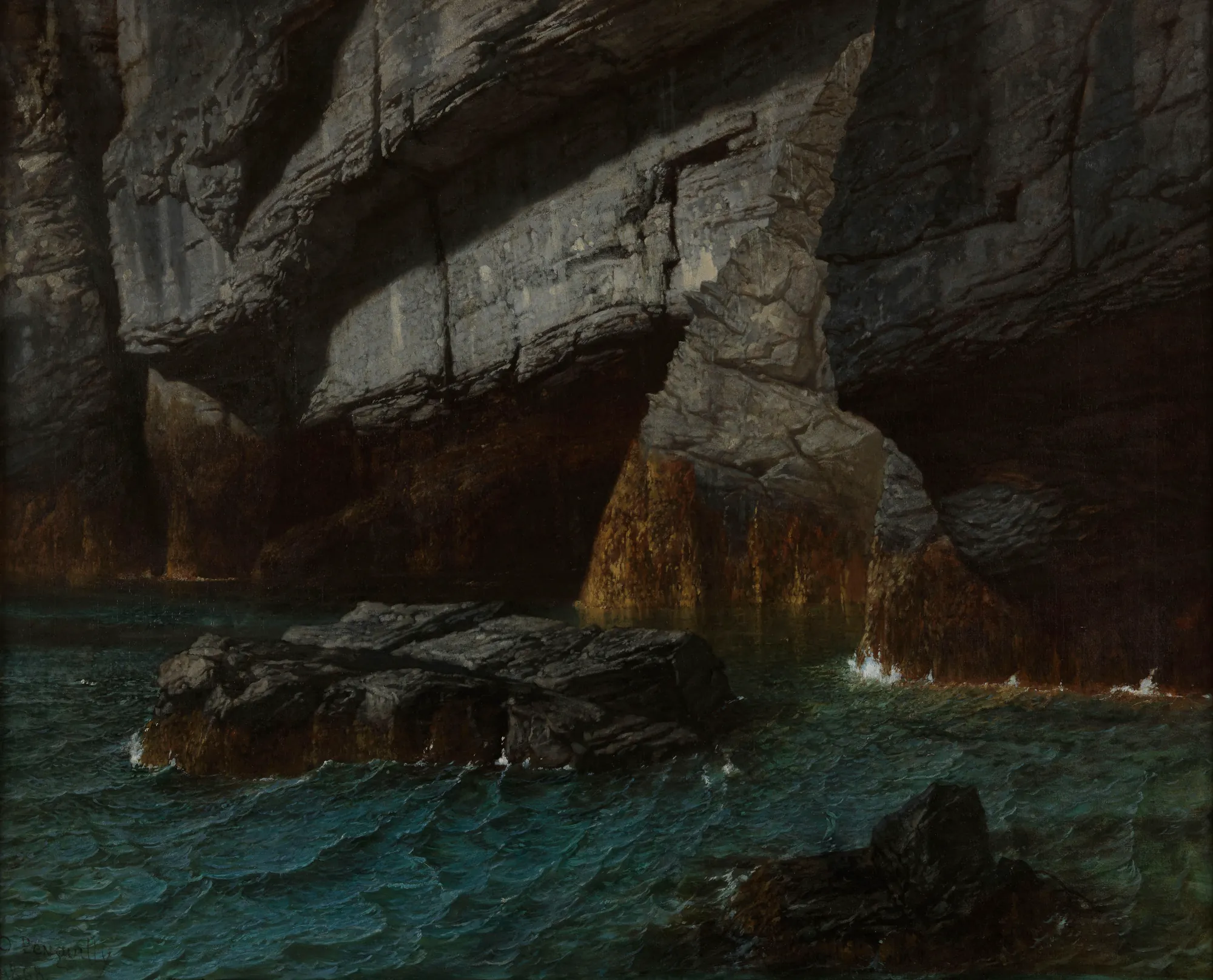 Côtes de Belleville Côtes de Belleville by Octave Penguilly L'Haridon. A dramatic 19th-century oil painting of towering dark cliffs meeting a turbulent sea with foam-crested waves.