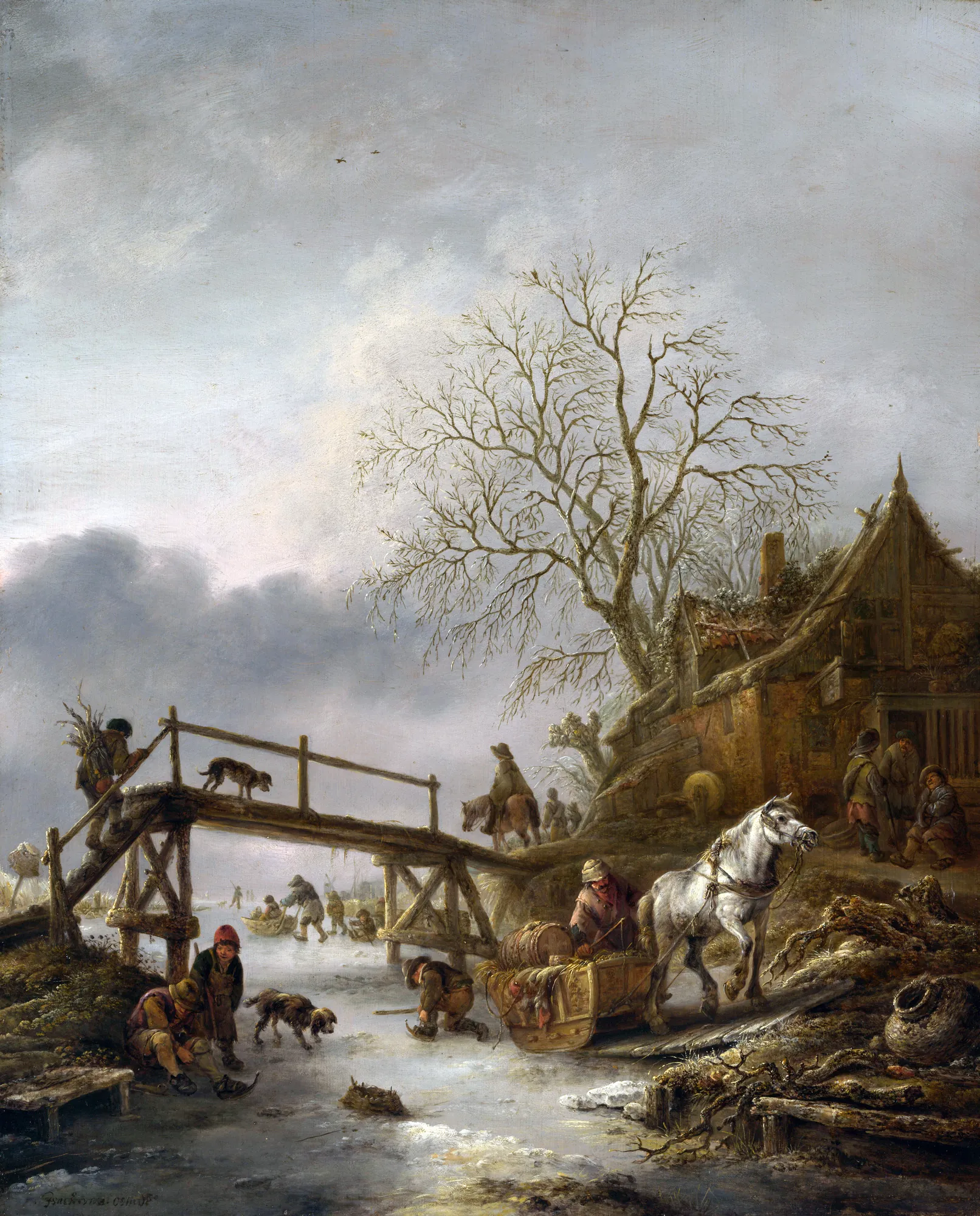 A Winter Scene A Winter Scene by Isaac van Ostade. A bustling 17th-century Dutch winter landscape featuring figures skating on a frozen river near a rustic cottage and a wooden bridge.