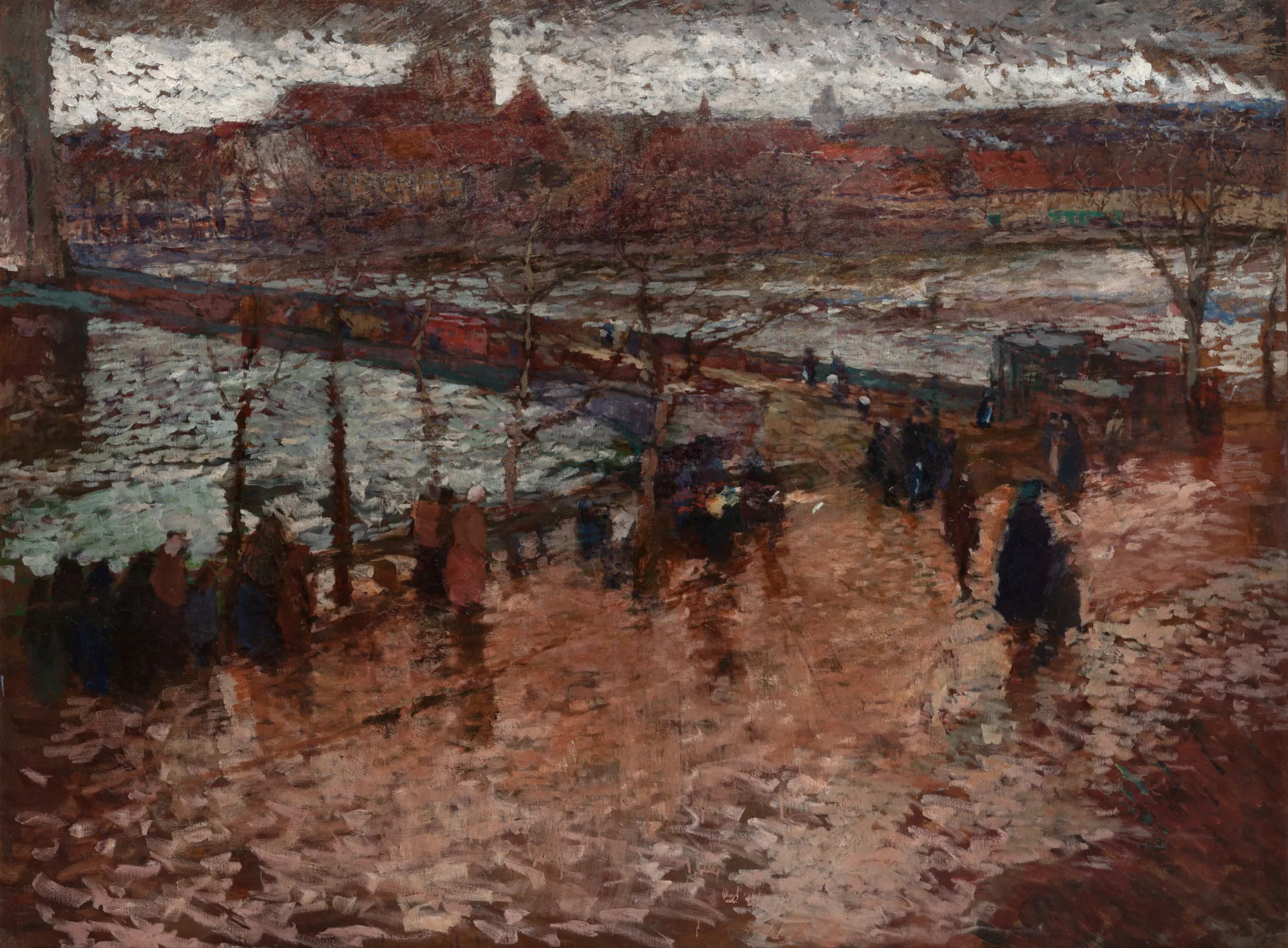 Elizabeth Bridge Elizabeth Bridge by Antonín Slavíček. An Impressionist oil painting of a bridge over a river with figures walking along a damp, light-reflecting quay under a heavy, overcast sky.