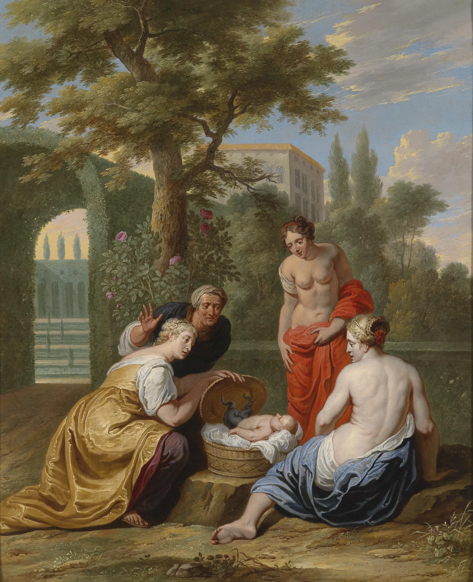 Erichthonius Erichthonius by Willem van Herp. A group of women and an elderly woman discover a baby with serpent tails inside a basket in a classical garden setting.