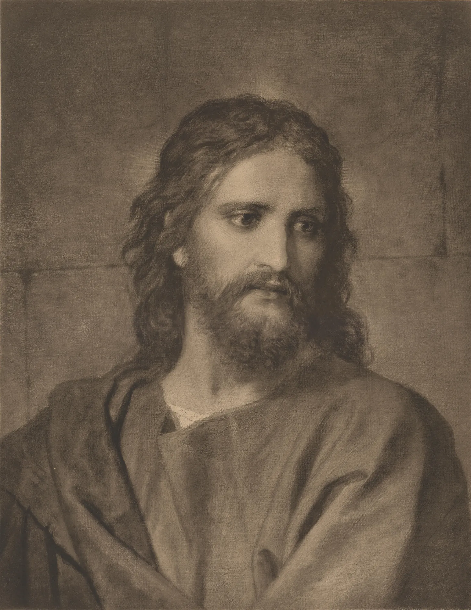 De Verlosser De Verlosser by Heinrich Hofmann. A soulful, monochromatic portrait of Jesus Christ looking thoughtfully to the side, rendered in a realistic academic style.
